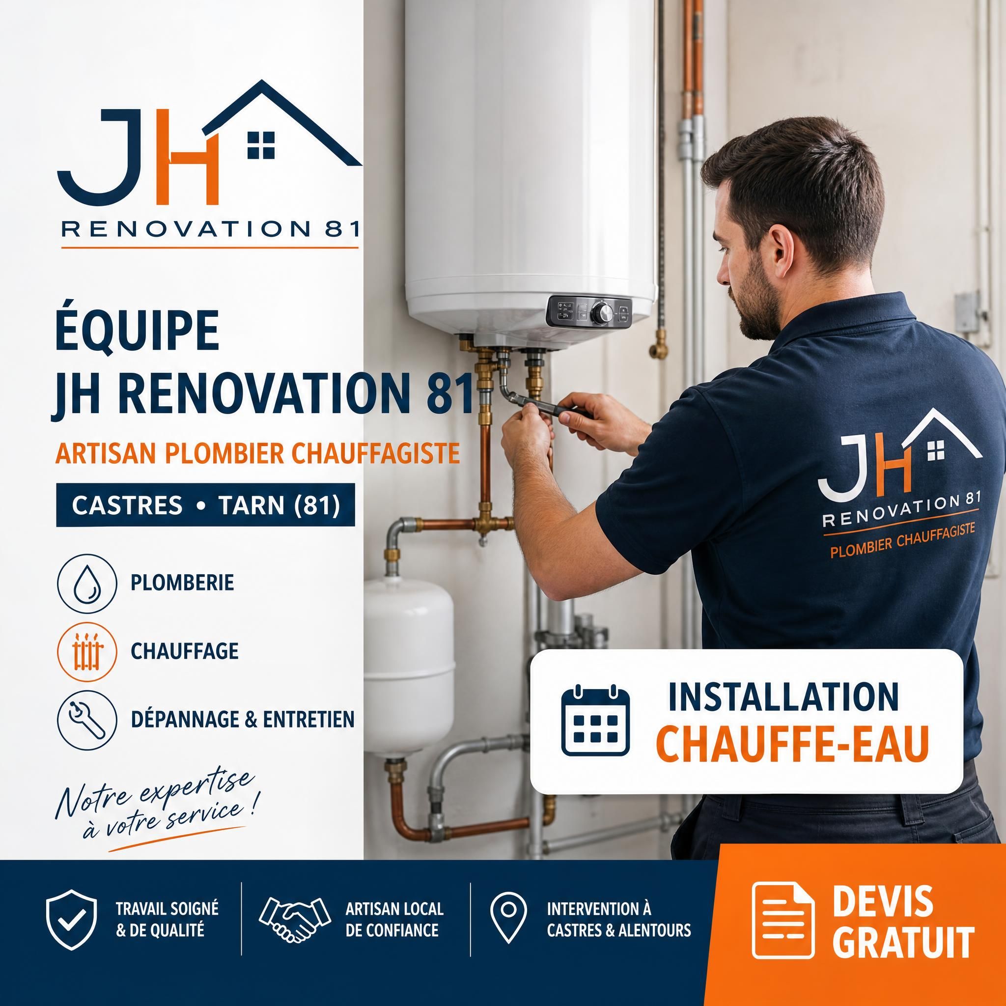 Équipe JH Renovation 81 artisan plombier chauffagiste Castres Tarn 81 - devis gratuit installation chauffe-eau