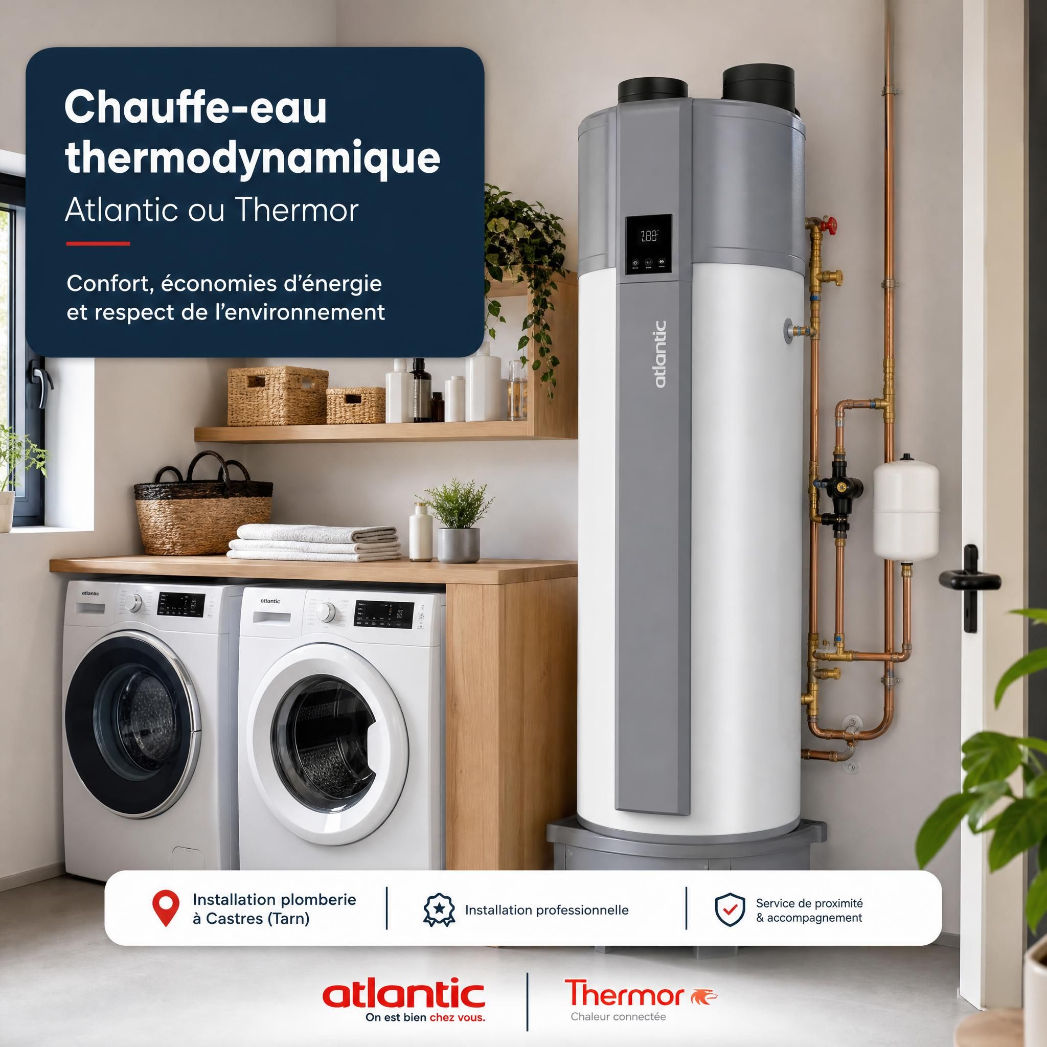 Chauffe-eau thermodynamique Atlantic ou Thermor installé dans une buanderie - installation plomberie Castres Tarn
