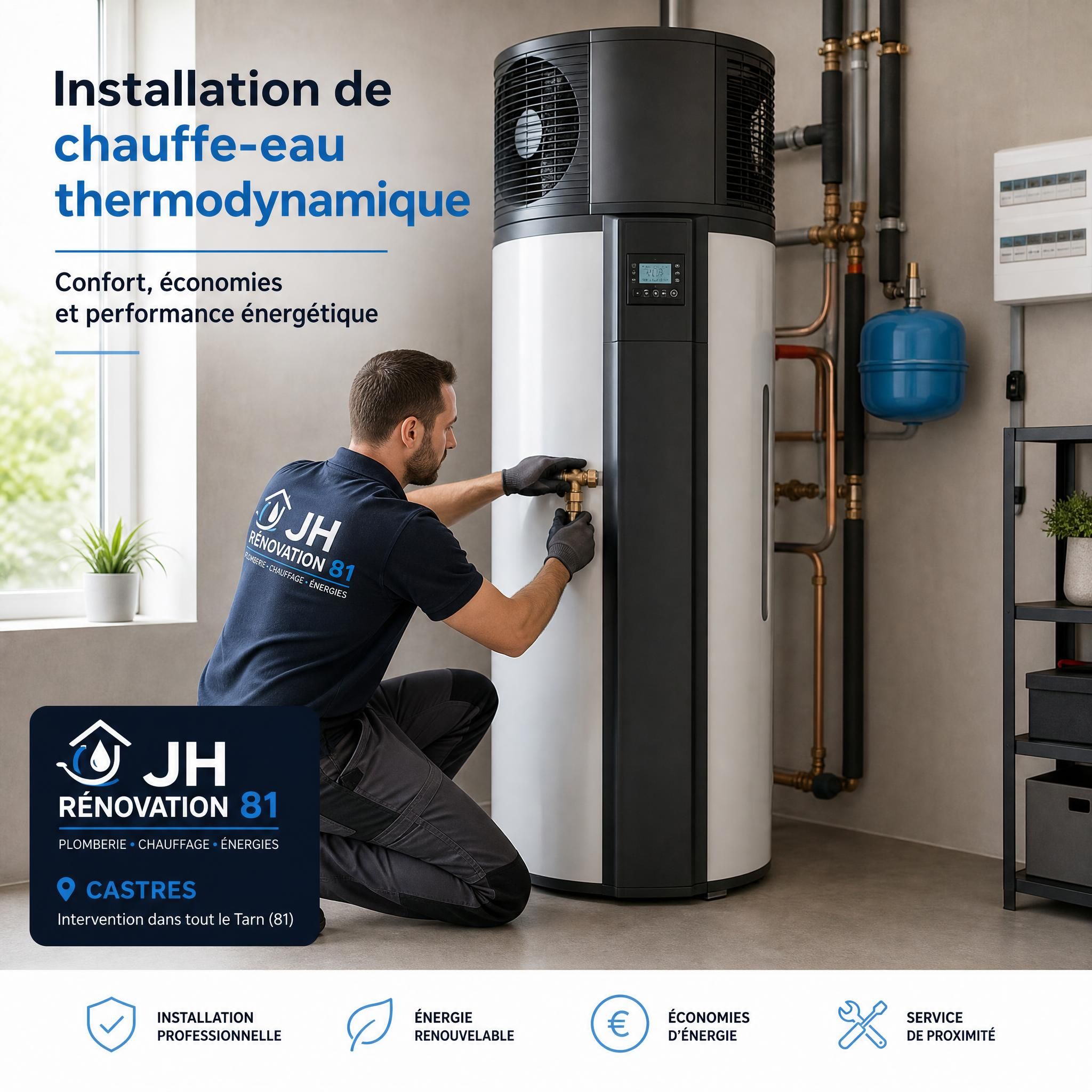 Plombier professionnel installant un chauffe-eau thermodynamique dans une salle technique - JH Renovation 81 Castres