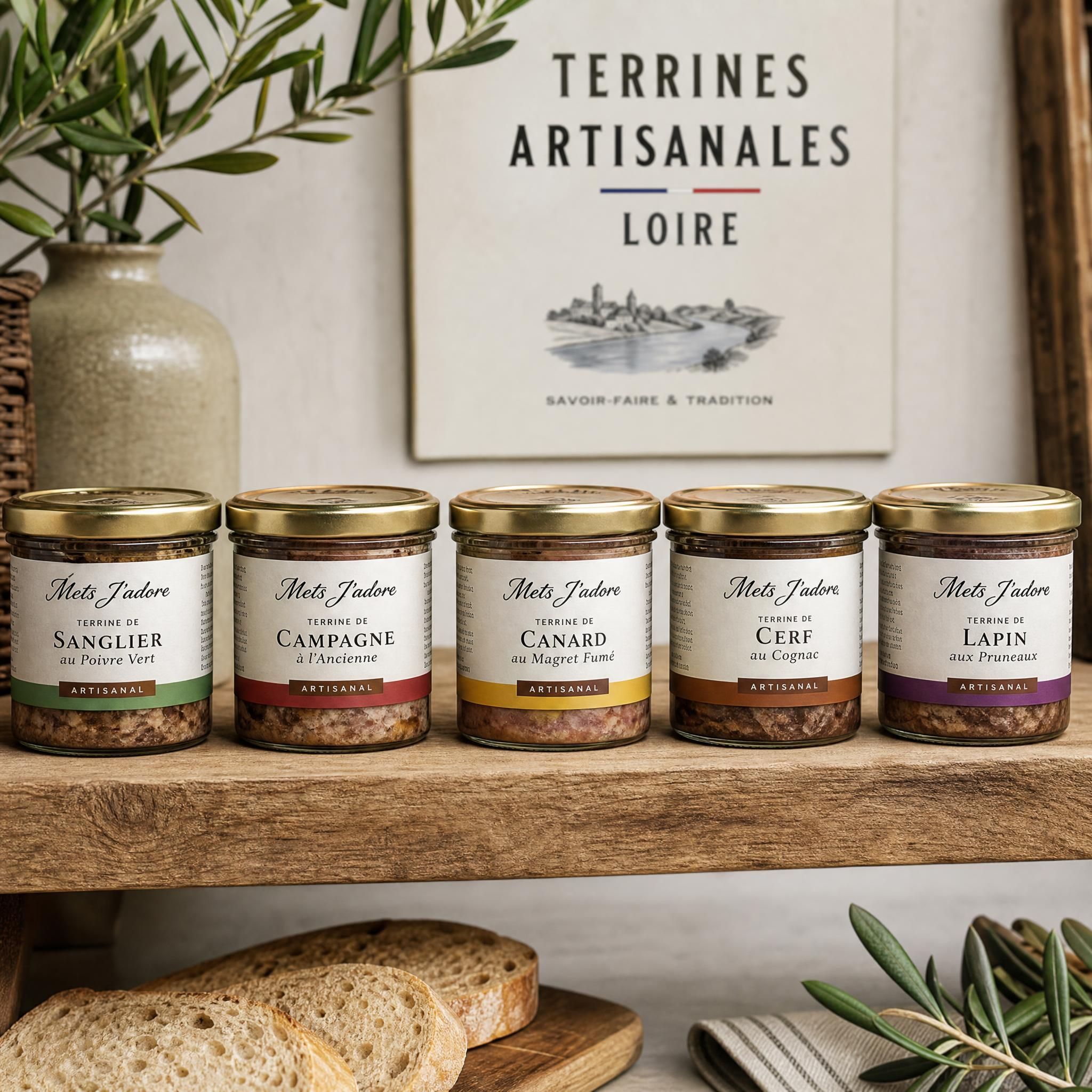 Bocaux de terrines artisanales Mets J'adore alignés sur une étagère en bois, terrines artisanales Loire
