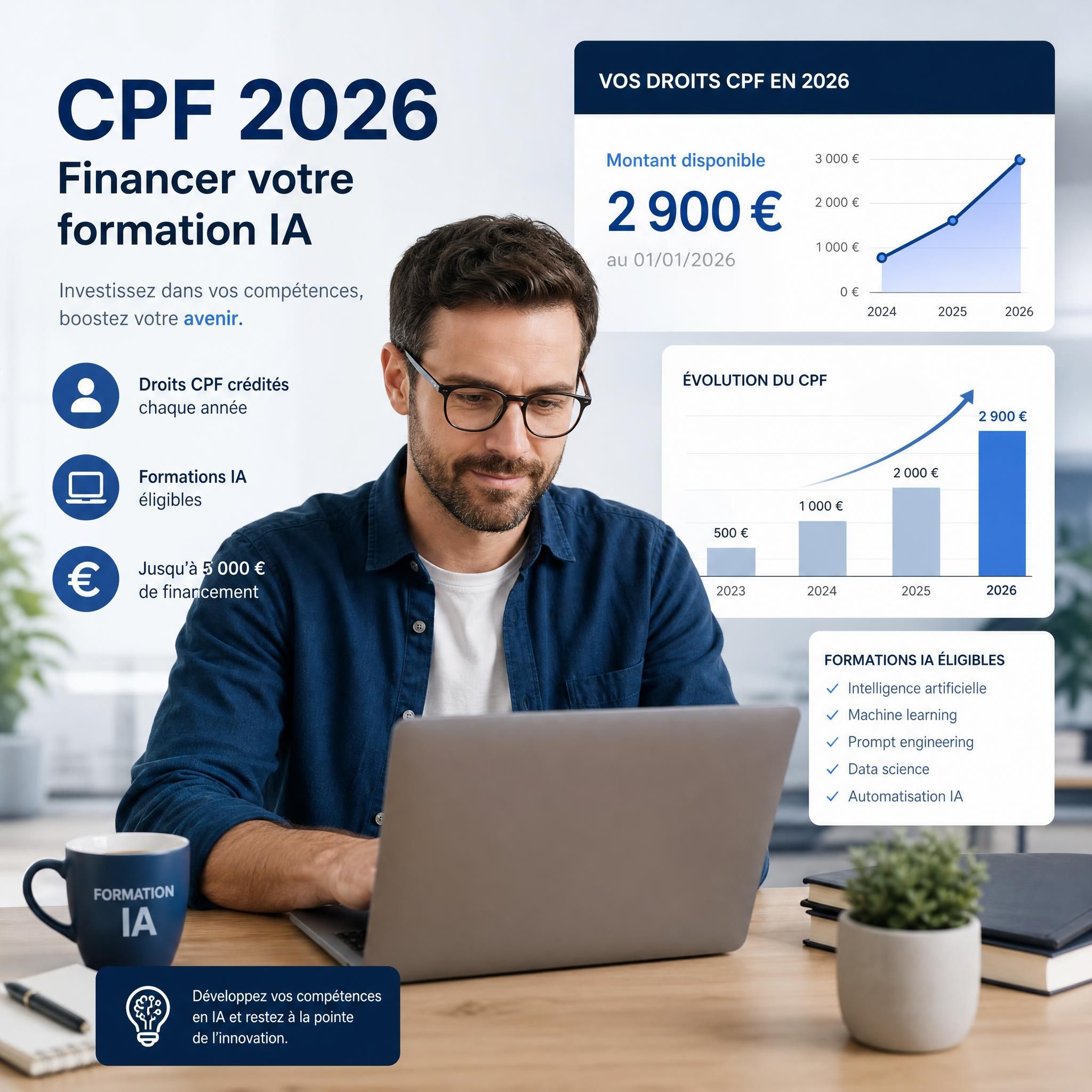 Professionnel en formation numérique sur IA devant un ordinateur, avec des graphiques de financement CPF 2026 en arrière-plan