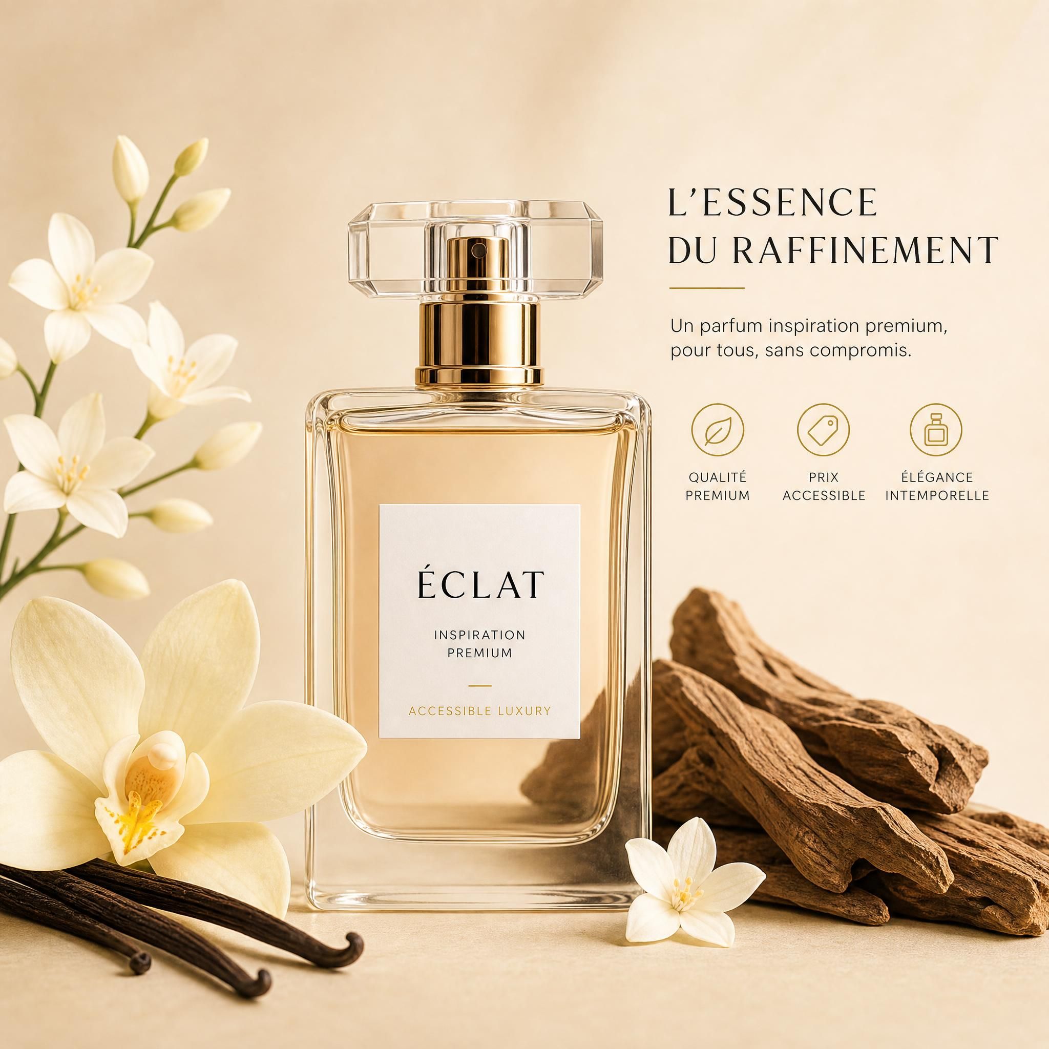 Flacon de parfum élégant sur fond beige vanille avec des fleurs et des notes boisées, représentant un parfum inspiration premium accessible