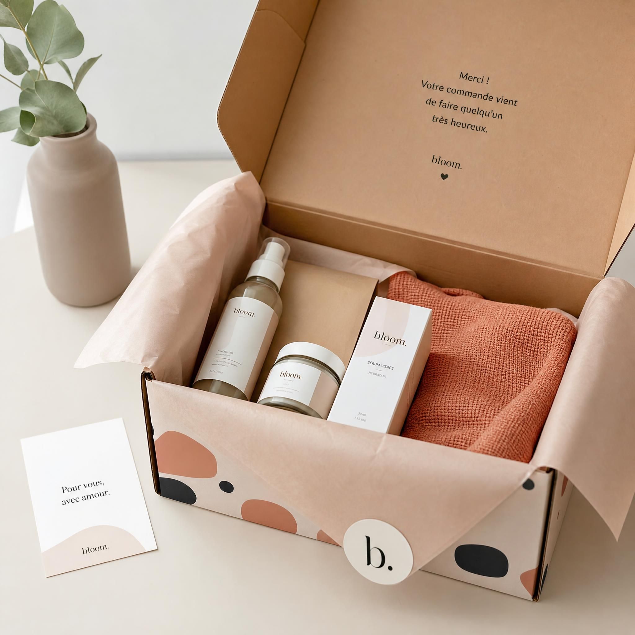 Expérience unboxing packaging personnalisé startup e-commerce - boîte premium ouverte avec papier de soie et produits soigneusement disposés