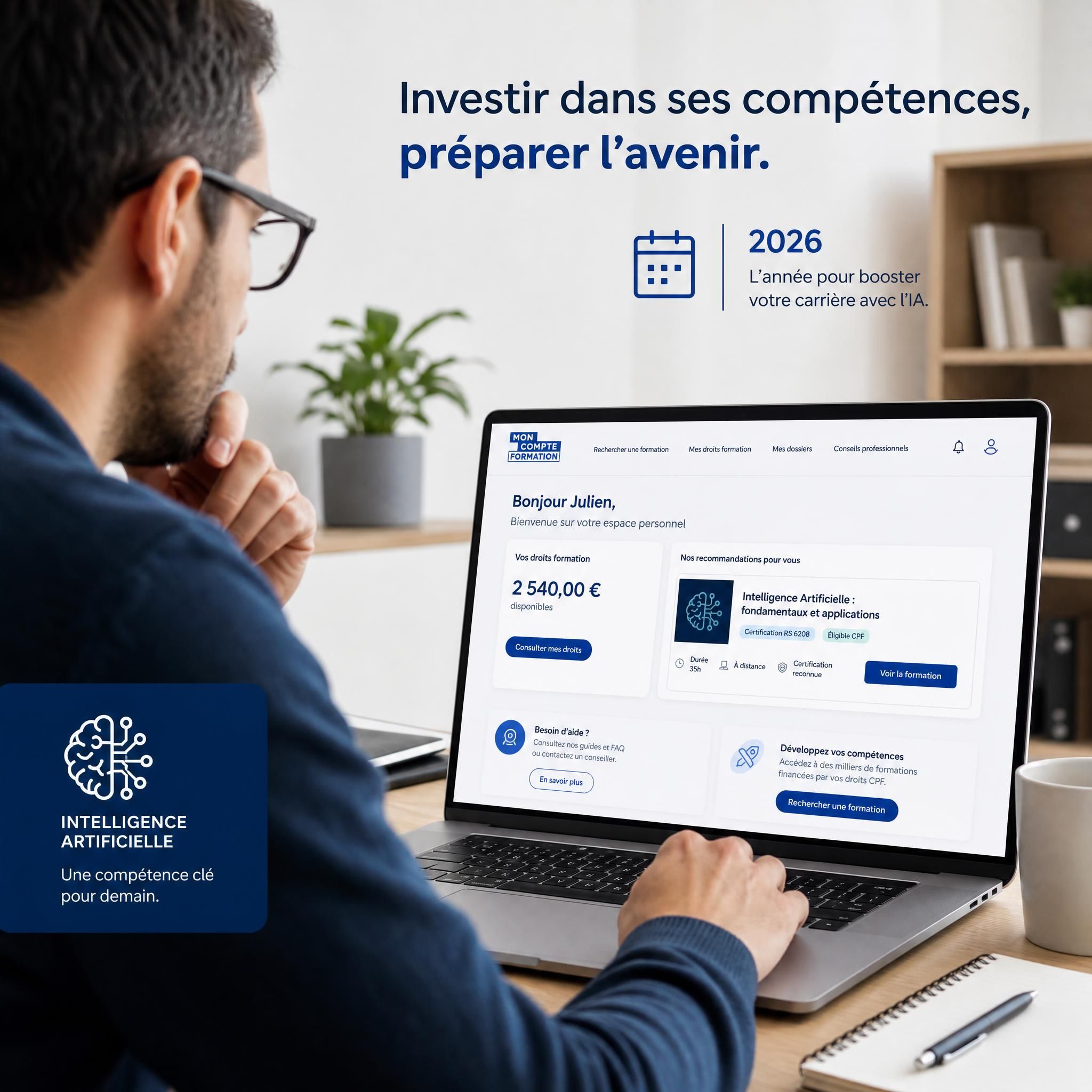 Professionnel consultant son espace Mon Compte Formation sur ordinateur pour financer une formation certifiante en intelligence artificielle en 2026