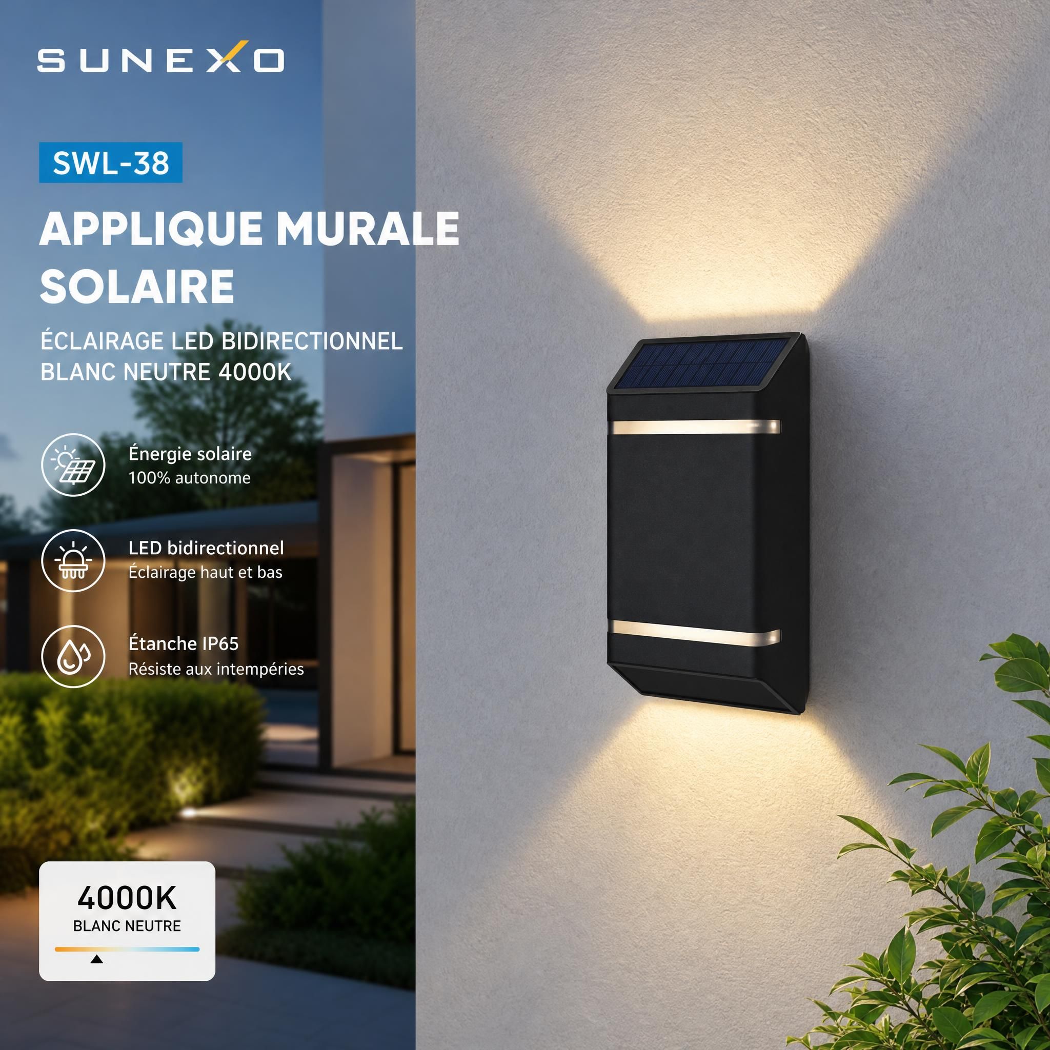 Applique murale solaire SWL-38 Sunexo installée sur façade extérieure, éclairage LED bidirectionnel blanc neutre 4000K