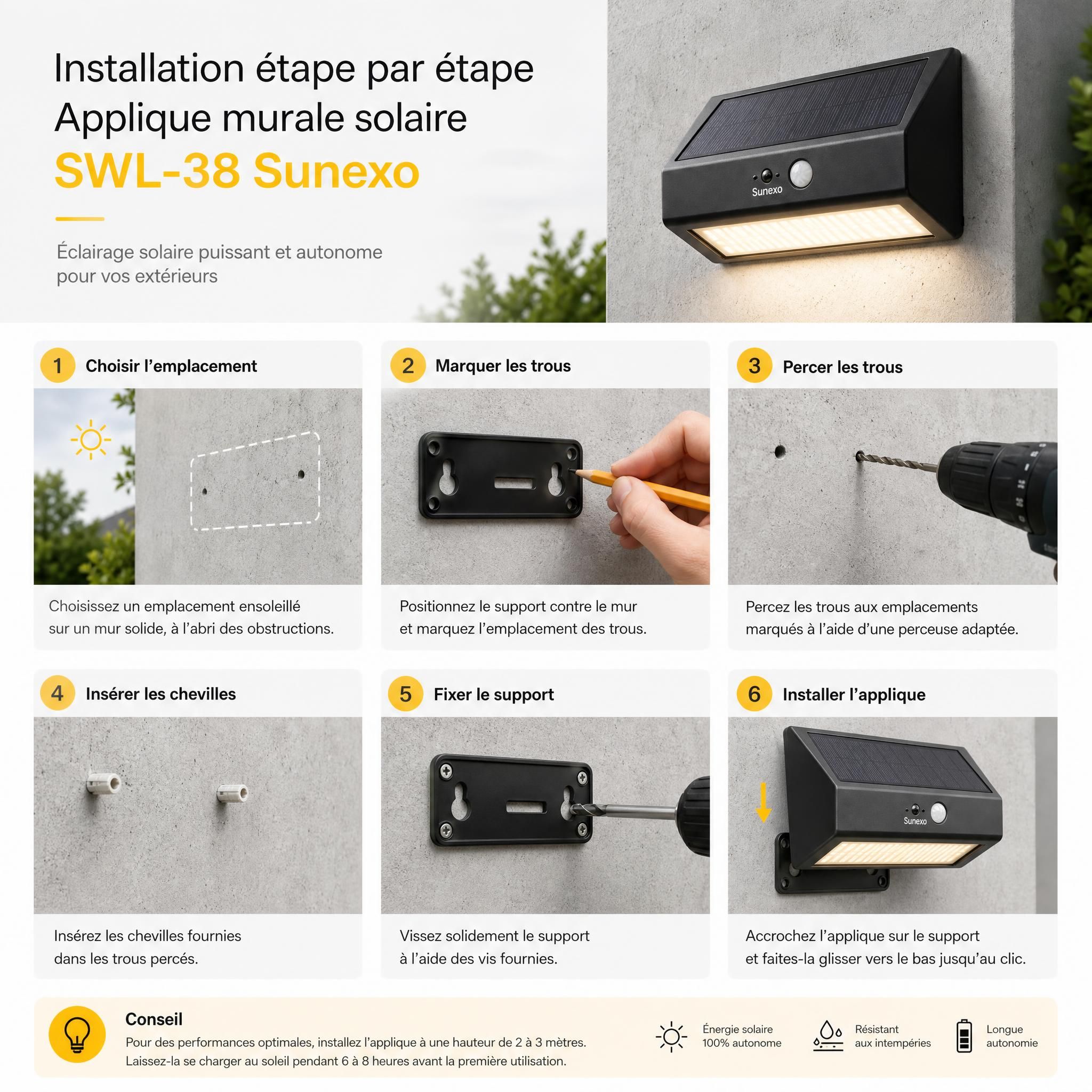 Installation étape par étape de l'applique murale solaire SWL-38 Sunexo sur mur extérieur en béton