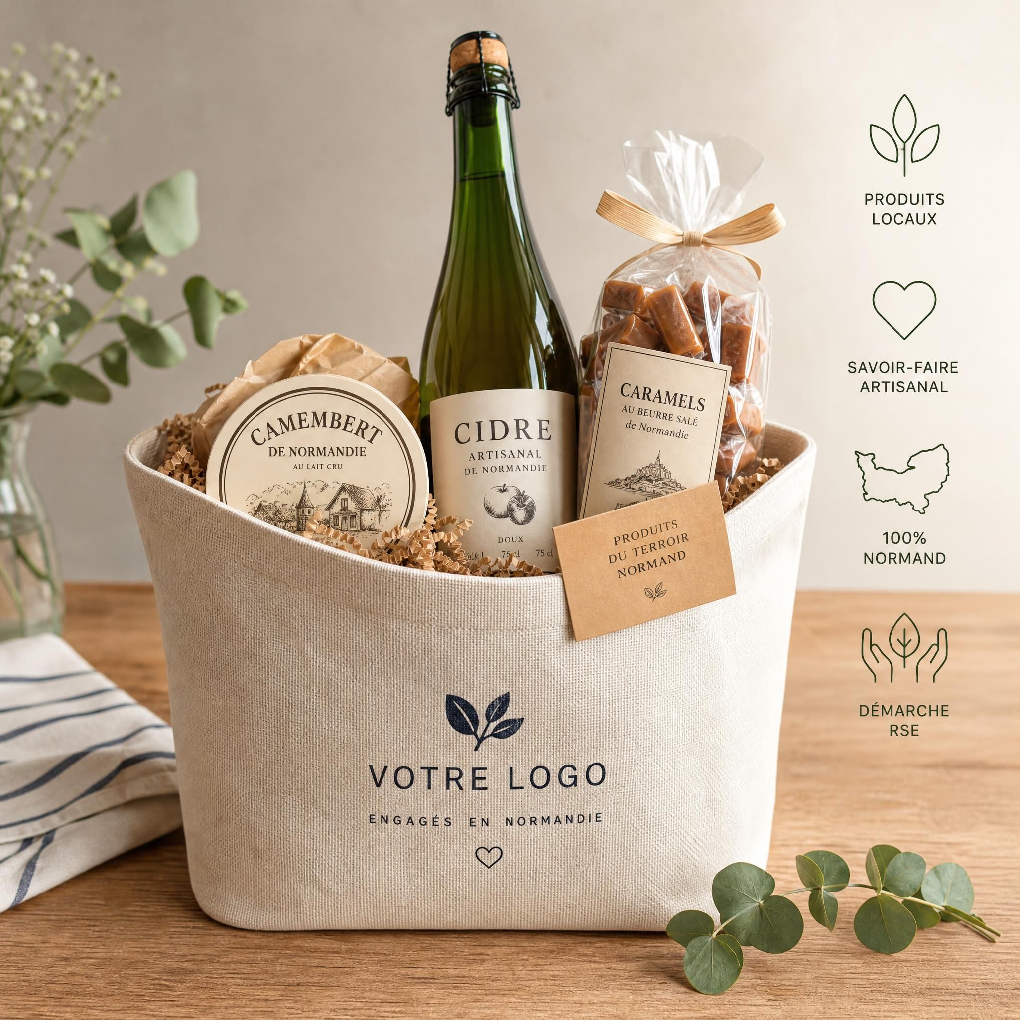 Panier garni normand artisanal composé de produits du terroir — camembert, cidre, caramels au beurre salé — présenté dans un sac textile personnalisé pour cadeaux d'entreprise RSE en Normandie