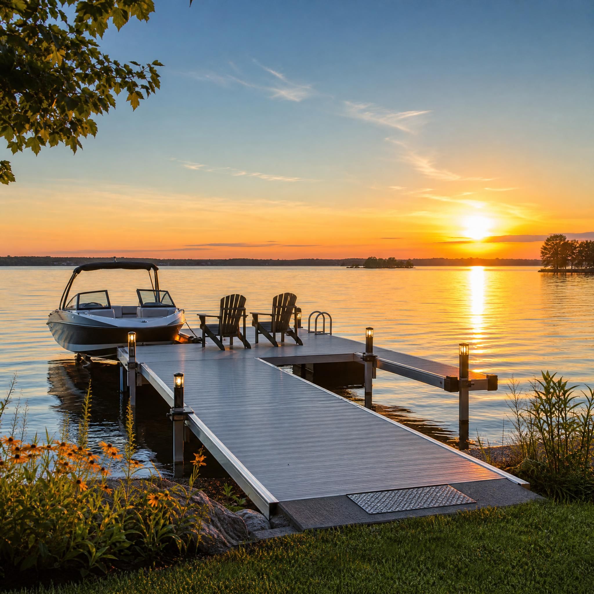 Propriété riveraine avec un magnifique quai en aluminium au coucher du soleil, région de Vaudreuil-Soulanges, Québec