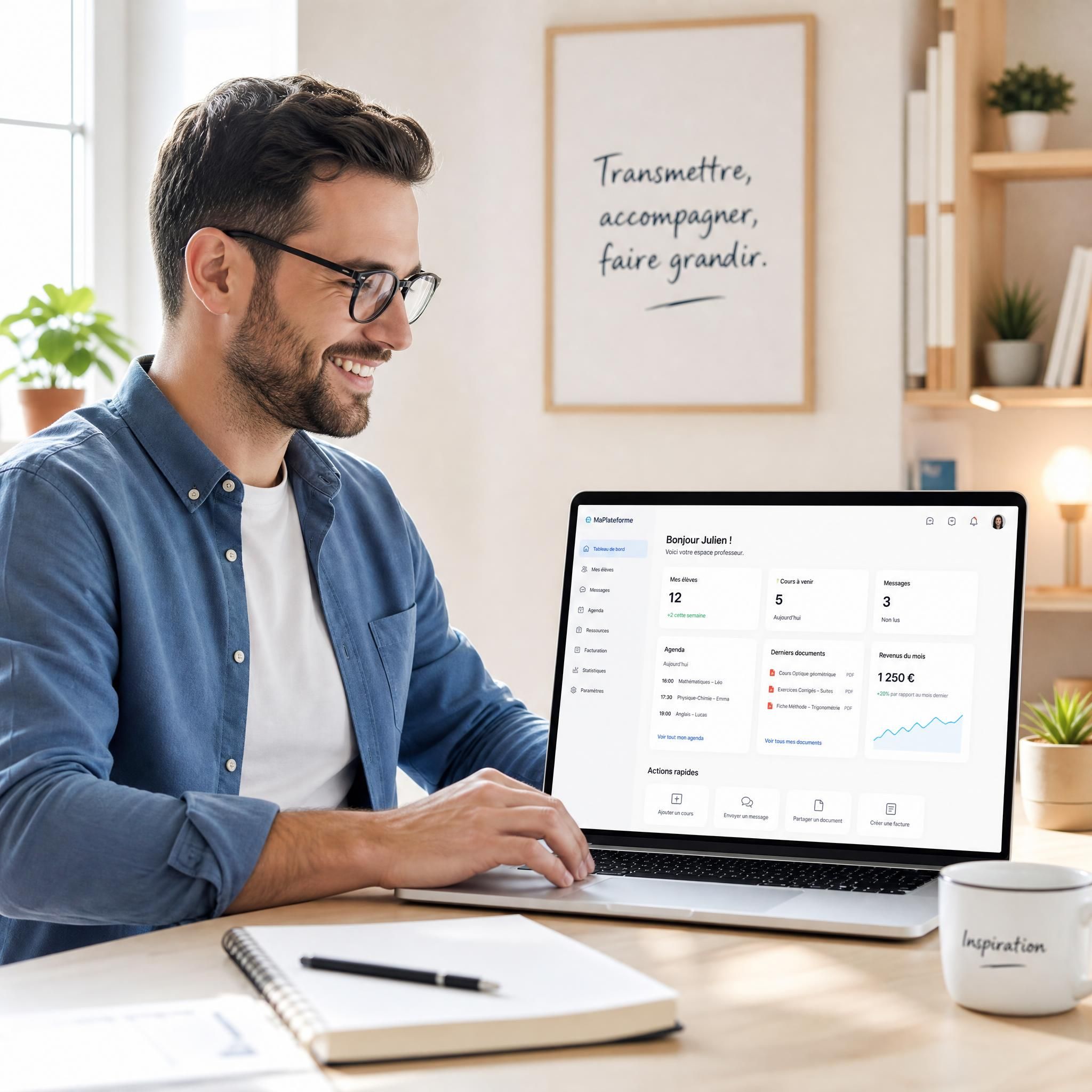 Professeur particulier souriant utilisant une plateforme numérique tout-en-un sur son ordinateur portable dans un espace de travail moderne et lumineux