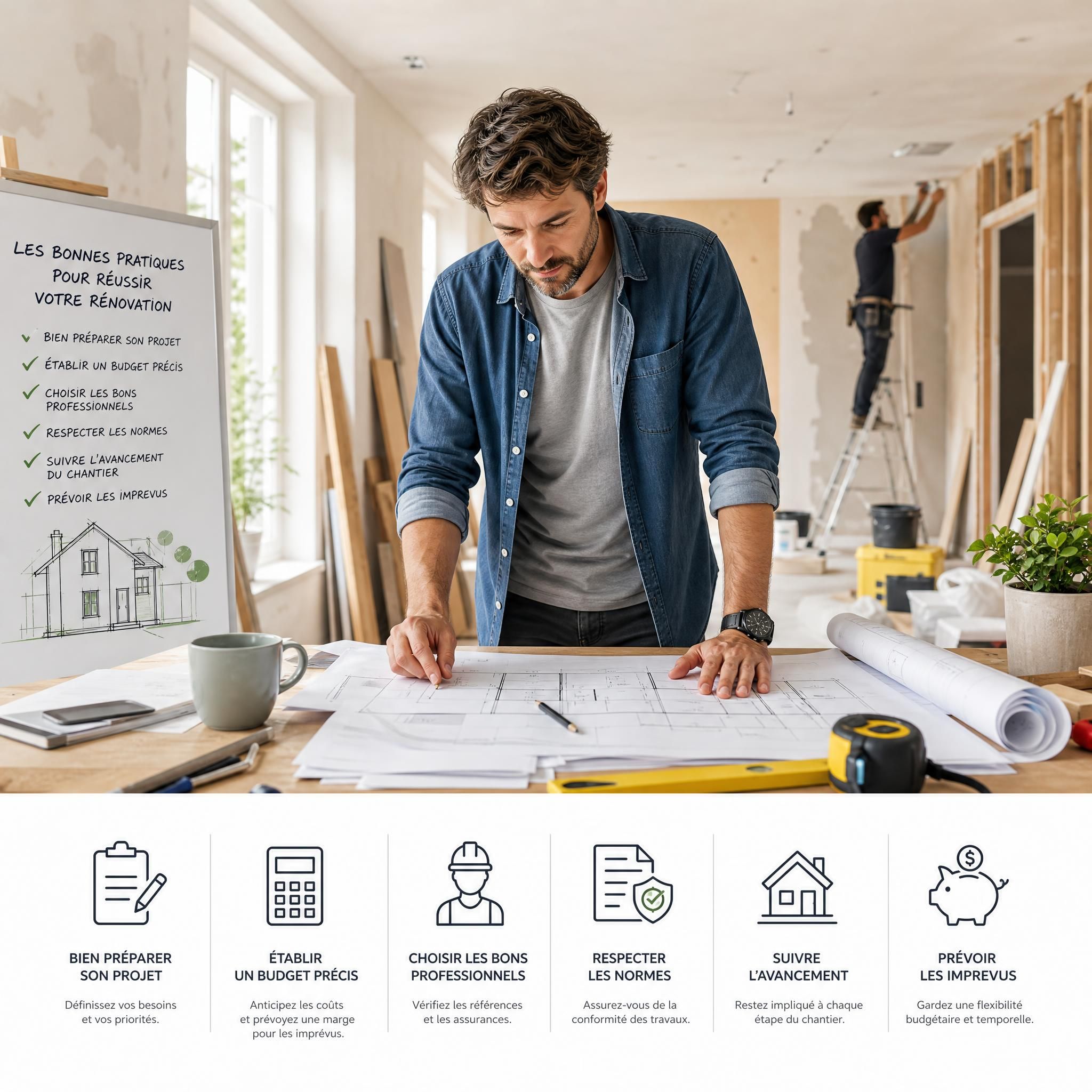 Particulier supervisant un chantier de rénovation intérieure avec plans et outils, illustration des meilleures pratiques de rénovation maison