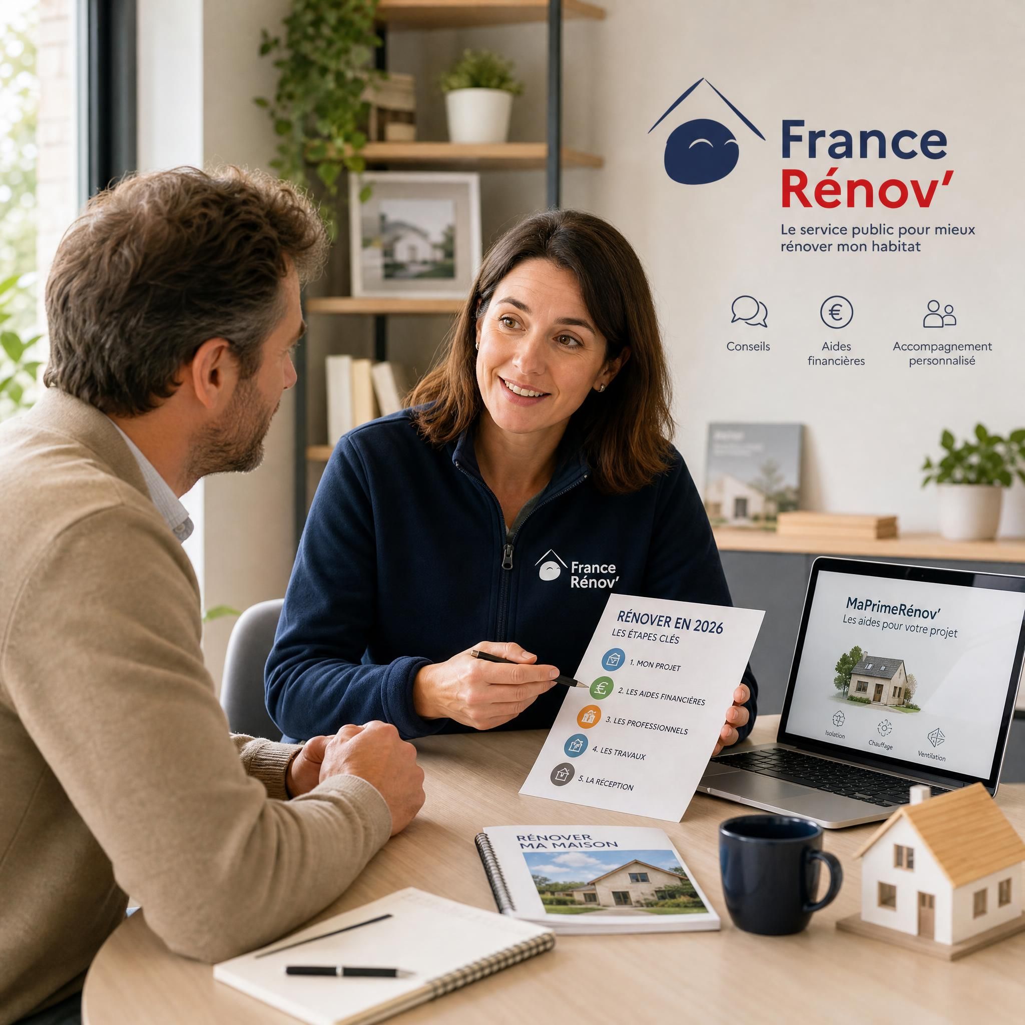 Particulier consultant un conseiller France Rénov pour ses travaux de rénovation maison en 2026