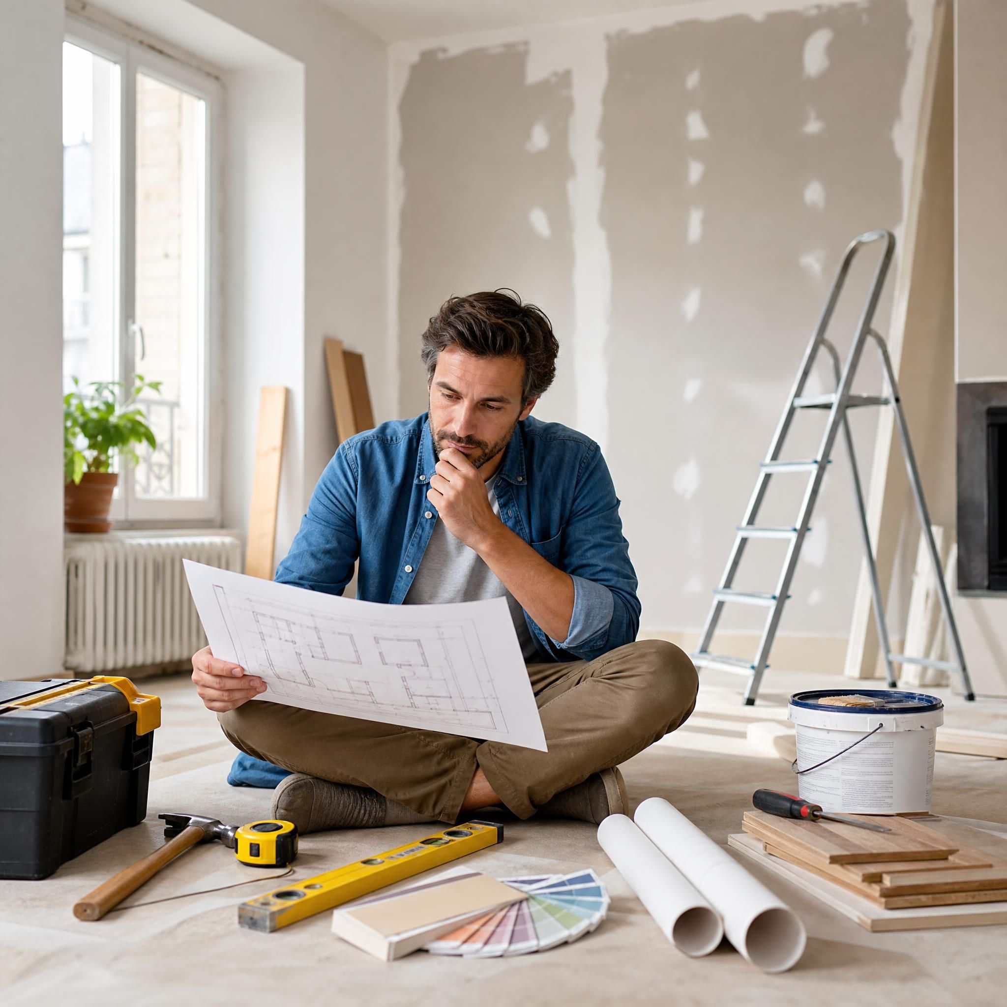 Particulier débutant qui consulte des plans de rénovation dans son salon à rénover, entouré d'outils et de matériaux de construction