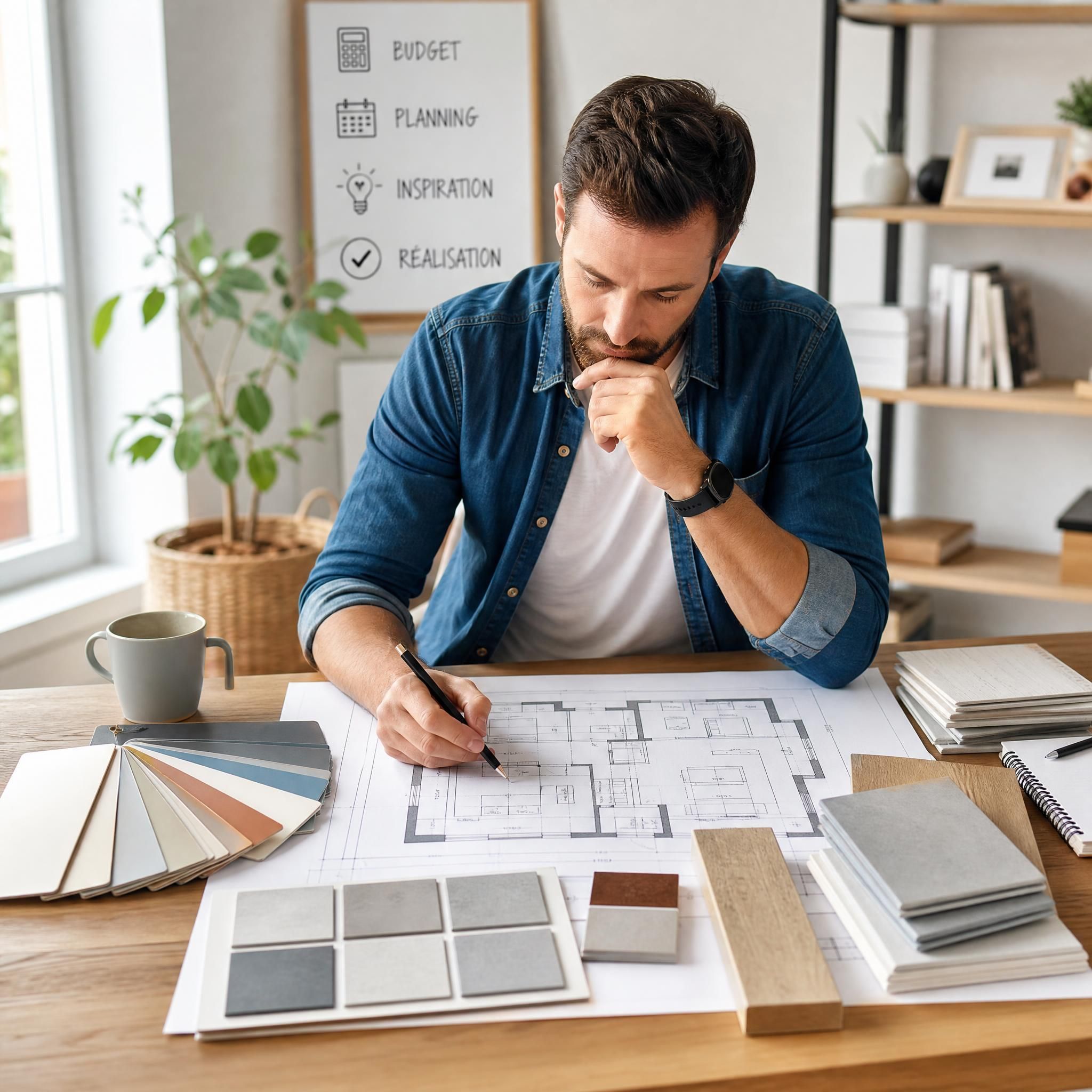 Particulier planifiant ses travaux de rénovation intérieure maison avec plans et échantillons de matériaux sur une table
