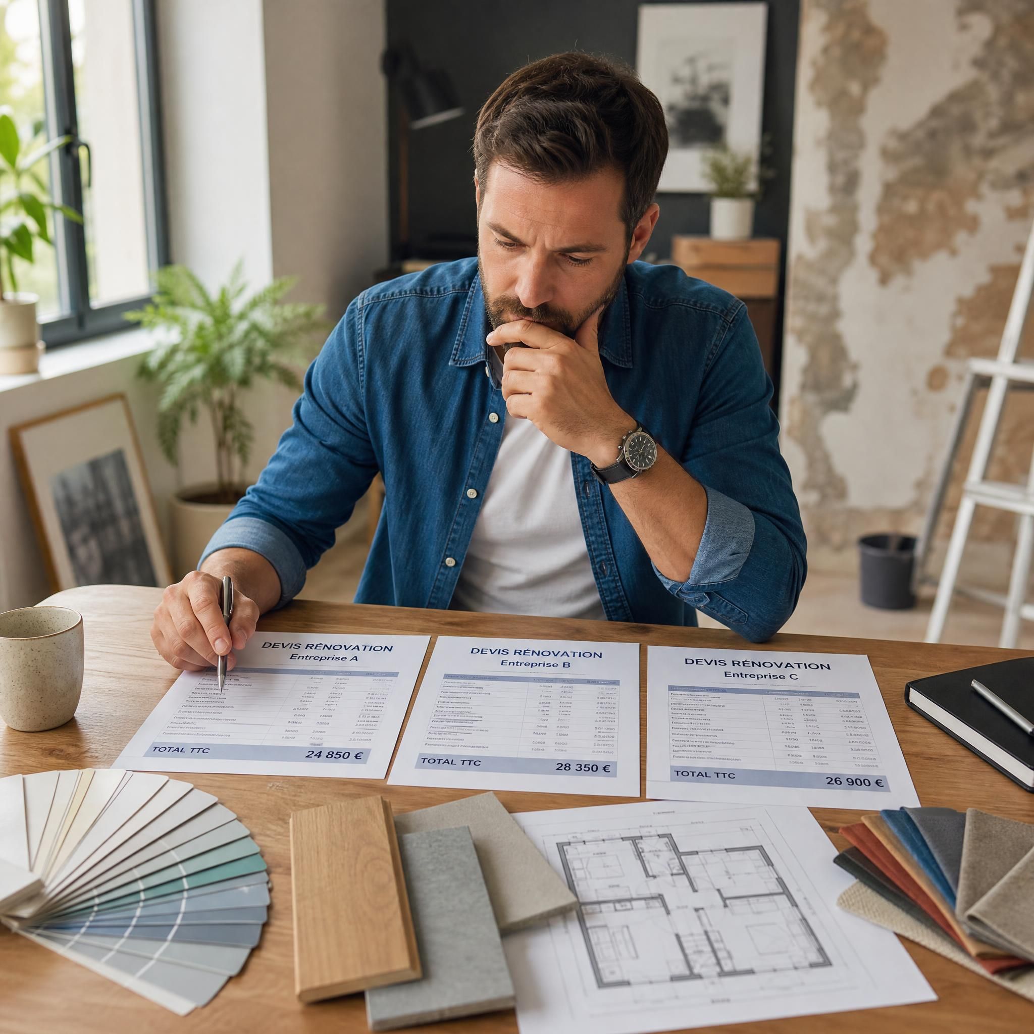 Particulier comparant des devis de rénovation maison posés sur une table, avec des échantillons de matériaux et un plan de maison