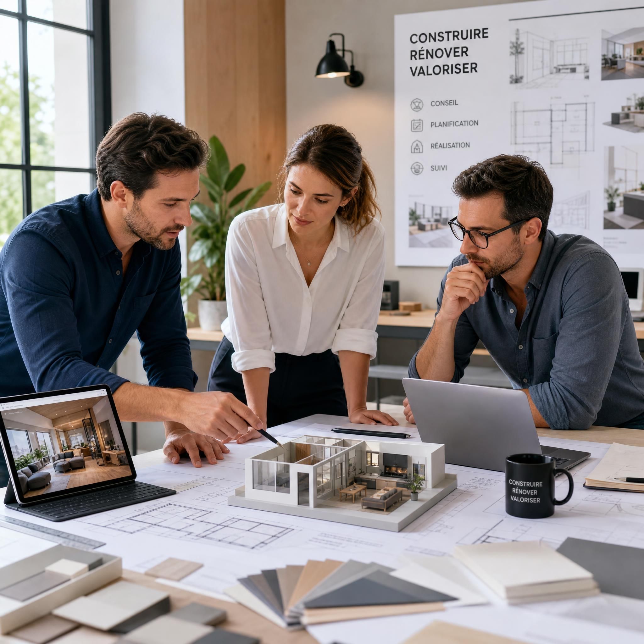 Experts du bâtiment analysant des plans de rénovation intérieure avec des outils numériques et des maquettes 3D