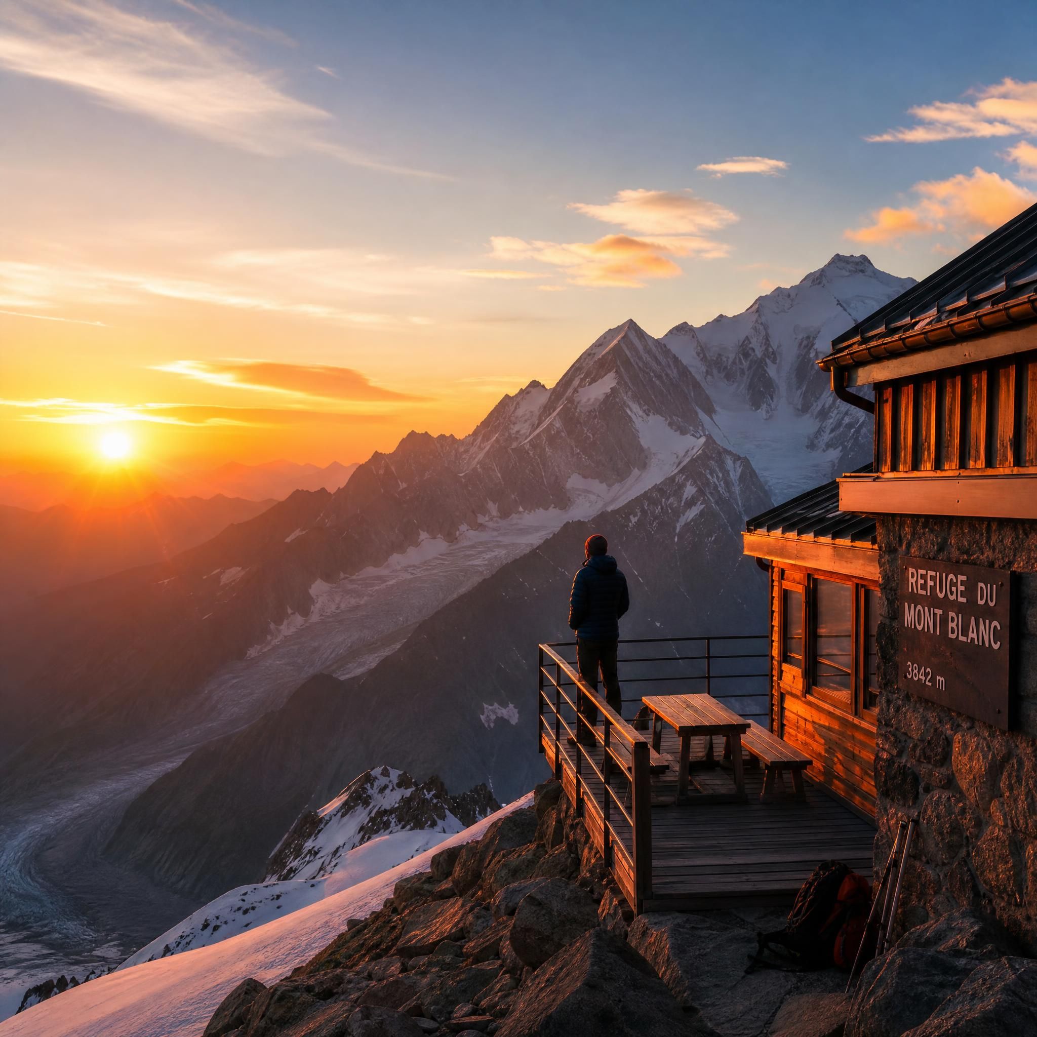 Coucher de soleil depuis un refuge d'altitude autour du Mont Blanc, lumière orangée sur les glaciers, atmosphère d'émotion et de sérénité
