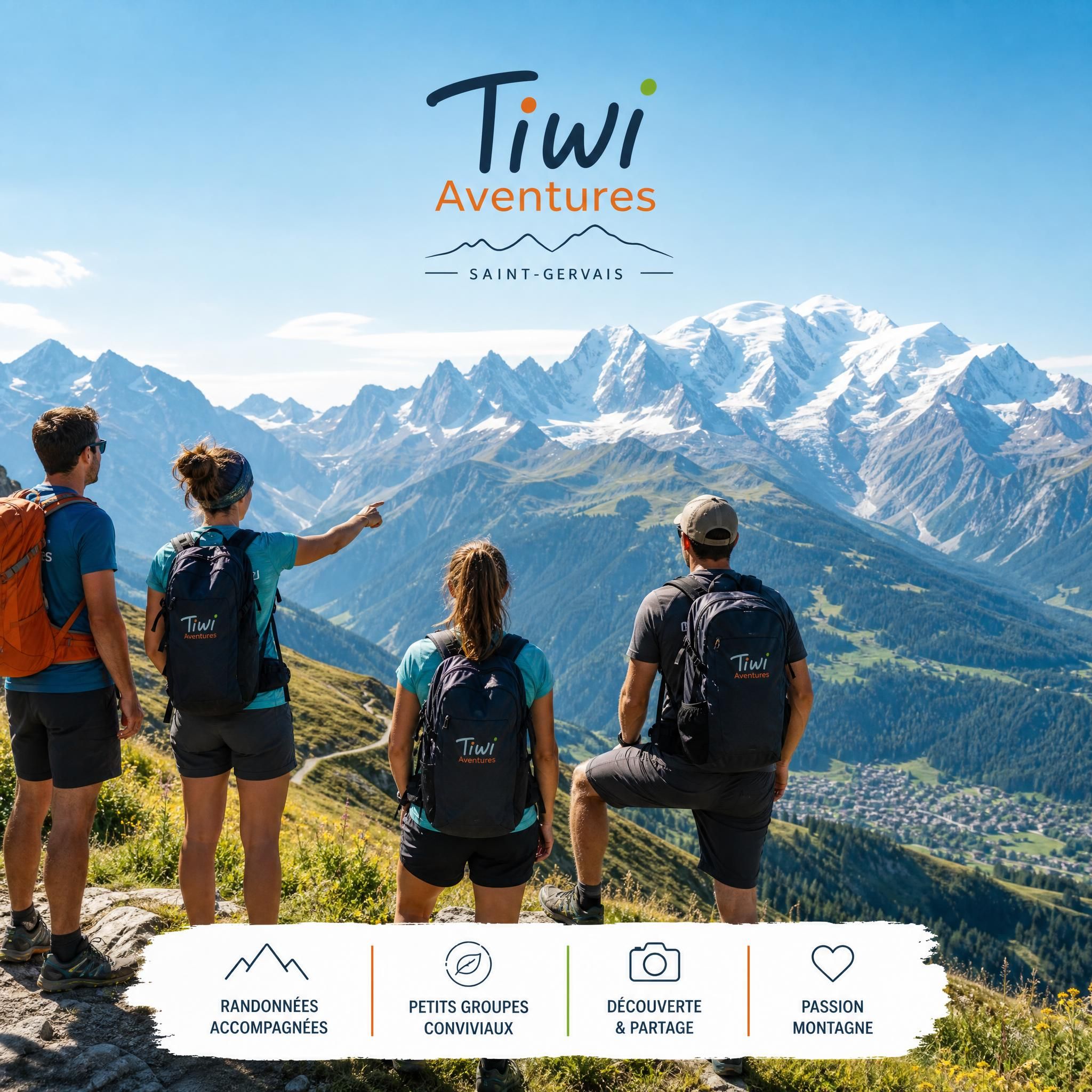 Petit groupe Tiwi Aventures en randonnée sur les crêtes de Saint-Gervais, vue panoramique sur le massif du Mont Blanc