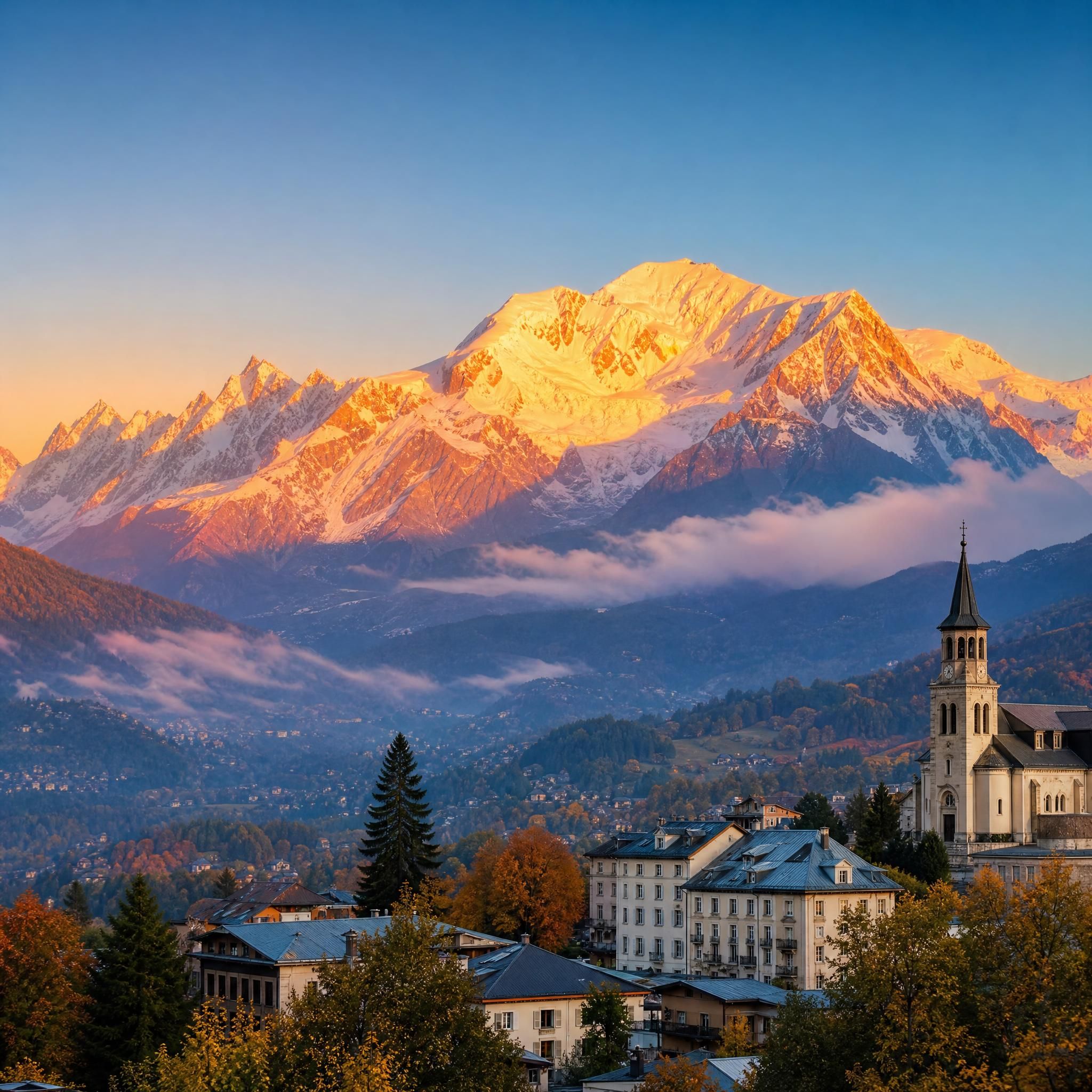 Panorama du Mont Blanc au lever du soleil depuis Saint-Gervais-les-Bains, lumière dorée sur les sommets enneigés