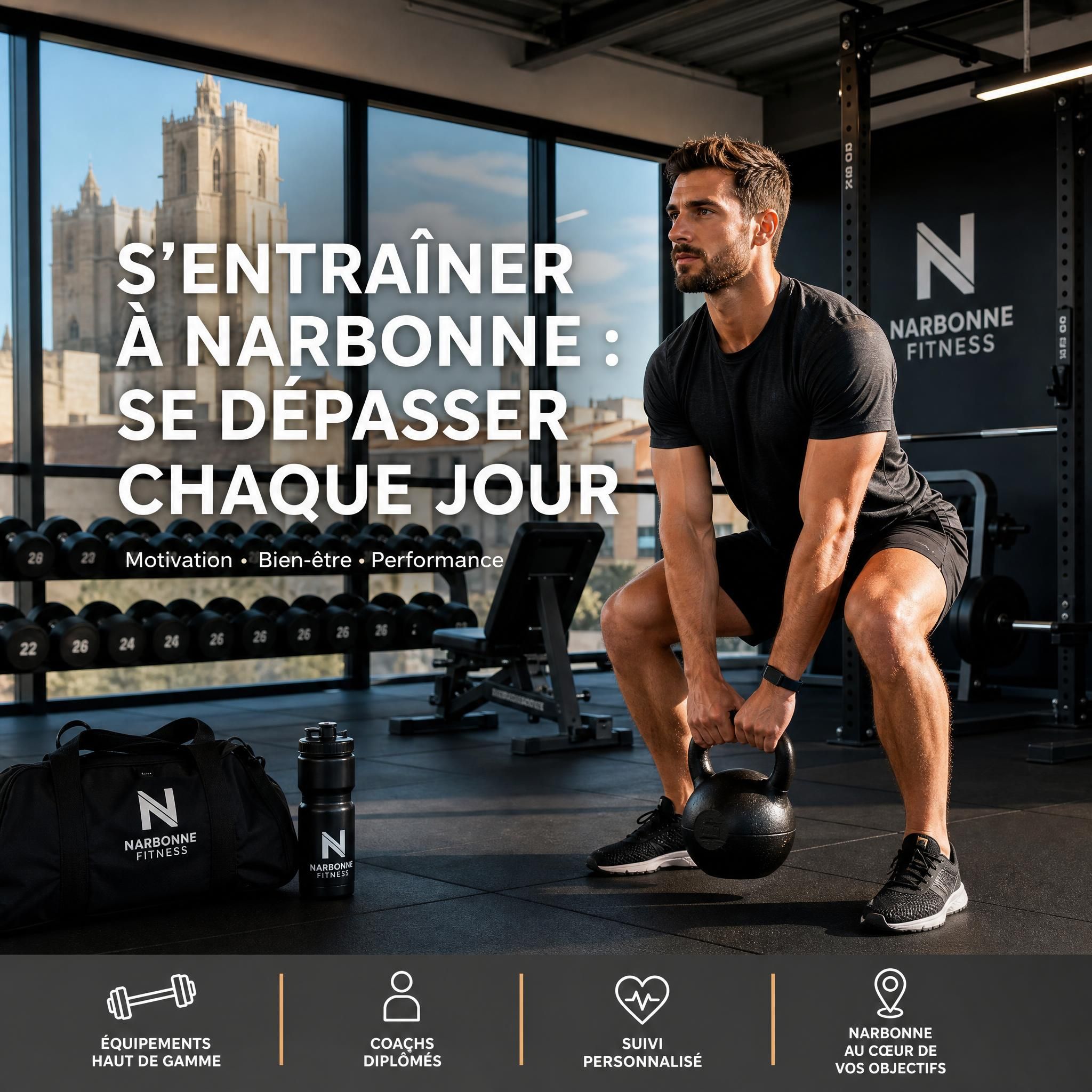 Personne motivée s'entraînant dans une salle de sport moderne à Narbonne, équipements fitness professionnels en arrière-plan