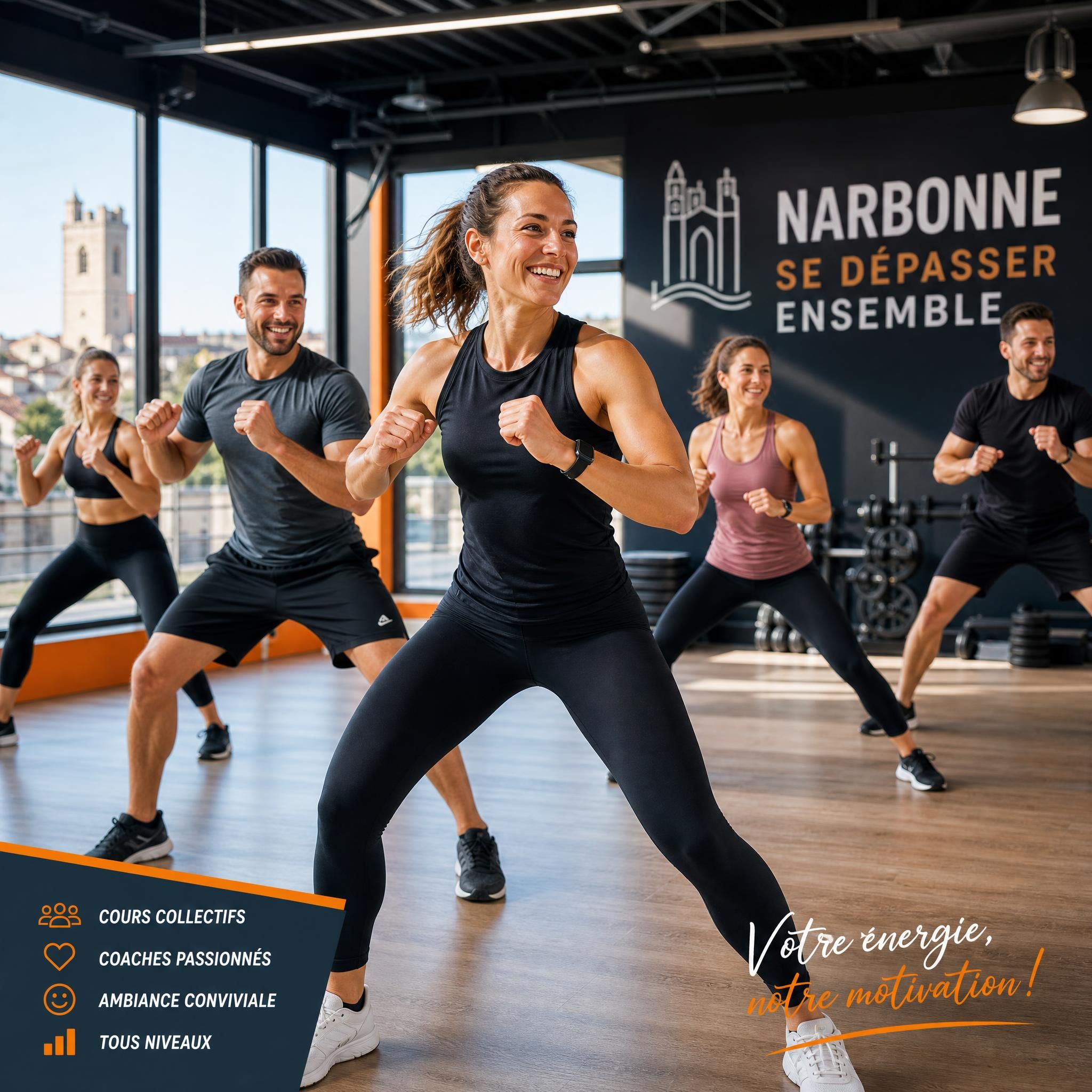 Groupe de personnes motivées lors d'un cours collectif dans une salle de sport à Narbonne, ambiance dynamique et conviviale
