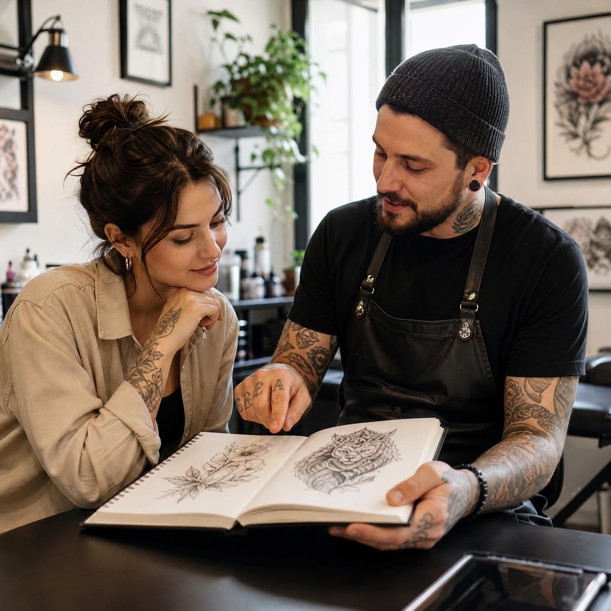 Illustration illustrative d'une personne discutant de son projet de tatouage avec un artiste, en regardant un carnet de croquis ensemble