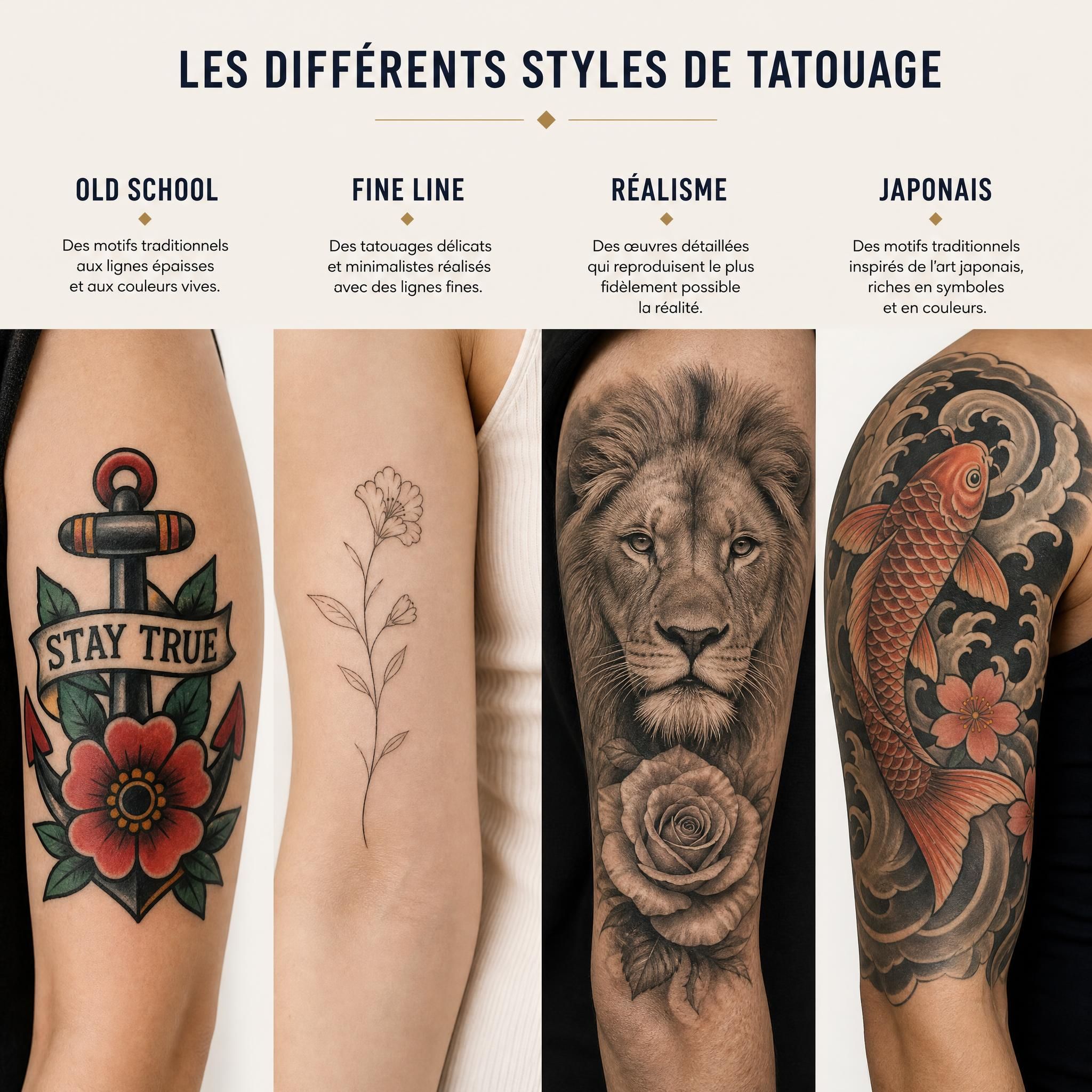 Illustration illustrative présentant différents styles de tatouage côte à côte, old school, fine line, réalisme et japonais, sur fond neutre