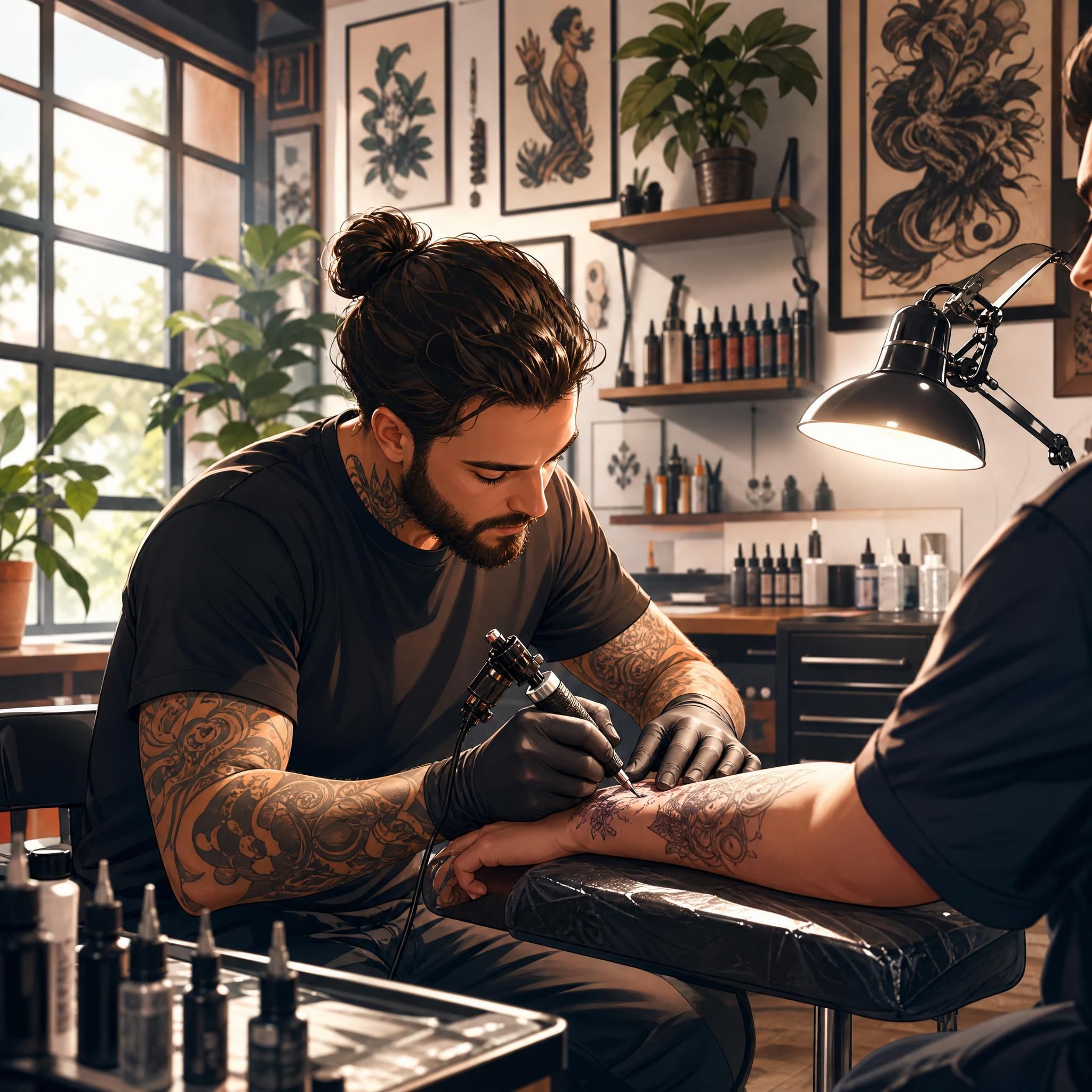 Illustration illustrative et inspirante d'un tatoueur au travail dans un studio lumineux et accueillant, style graphique sans texte, ambiance artistique et professionnelle