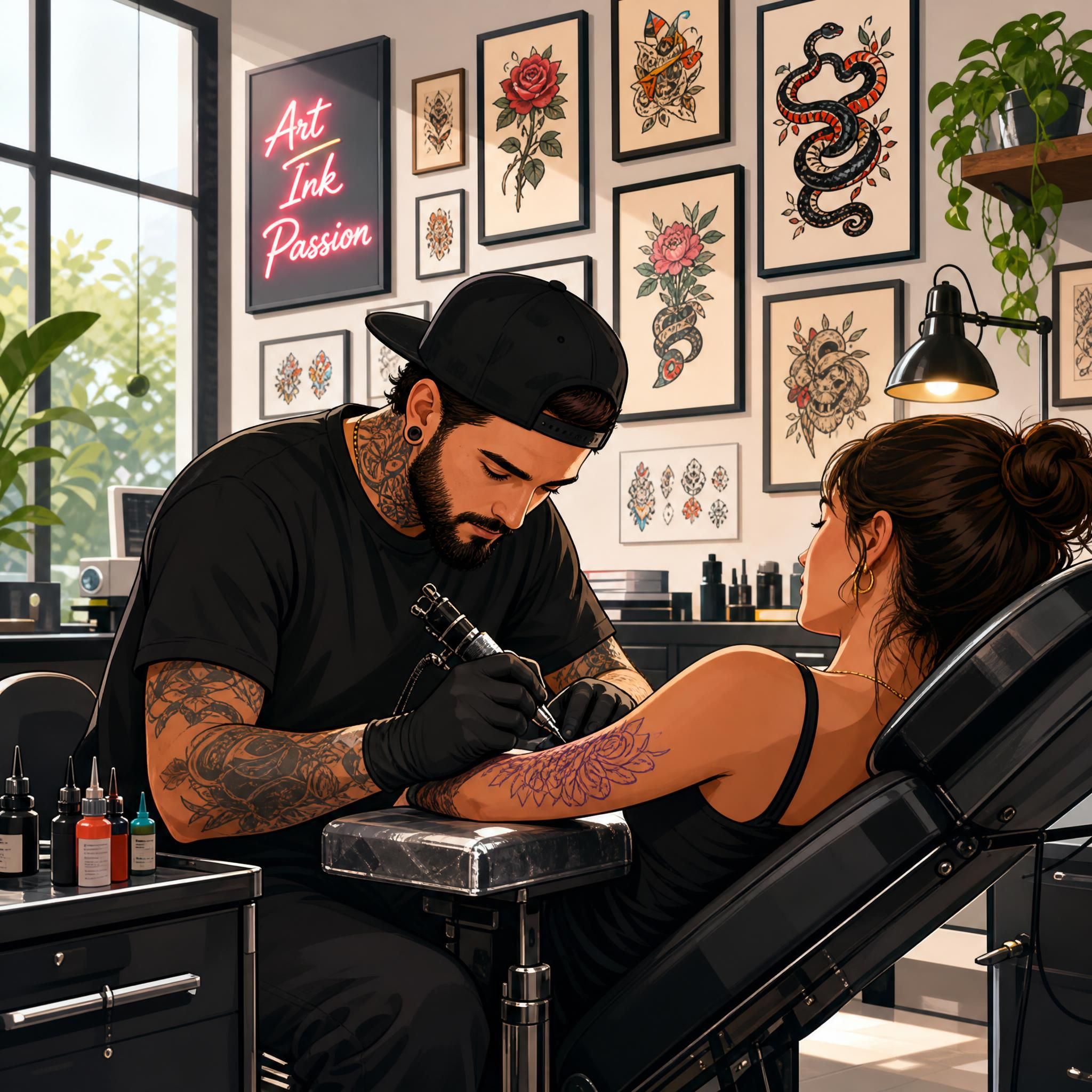 Illustration colorée et illustrative d'un tatoueur au travail dans un studio moderne et lumineux, avec des dessins affichés au mur