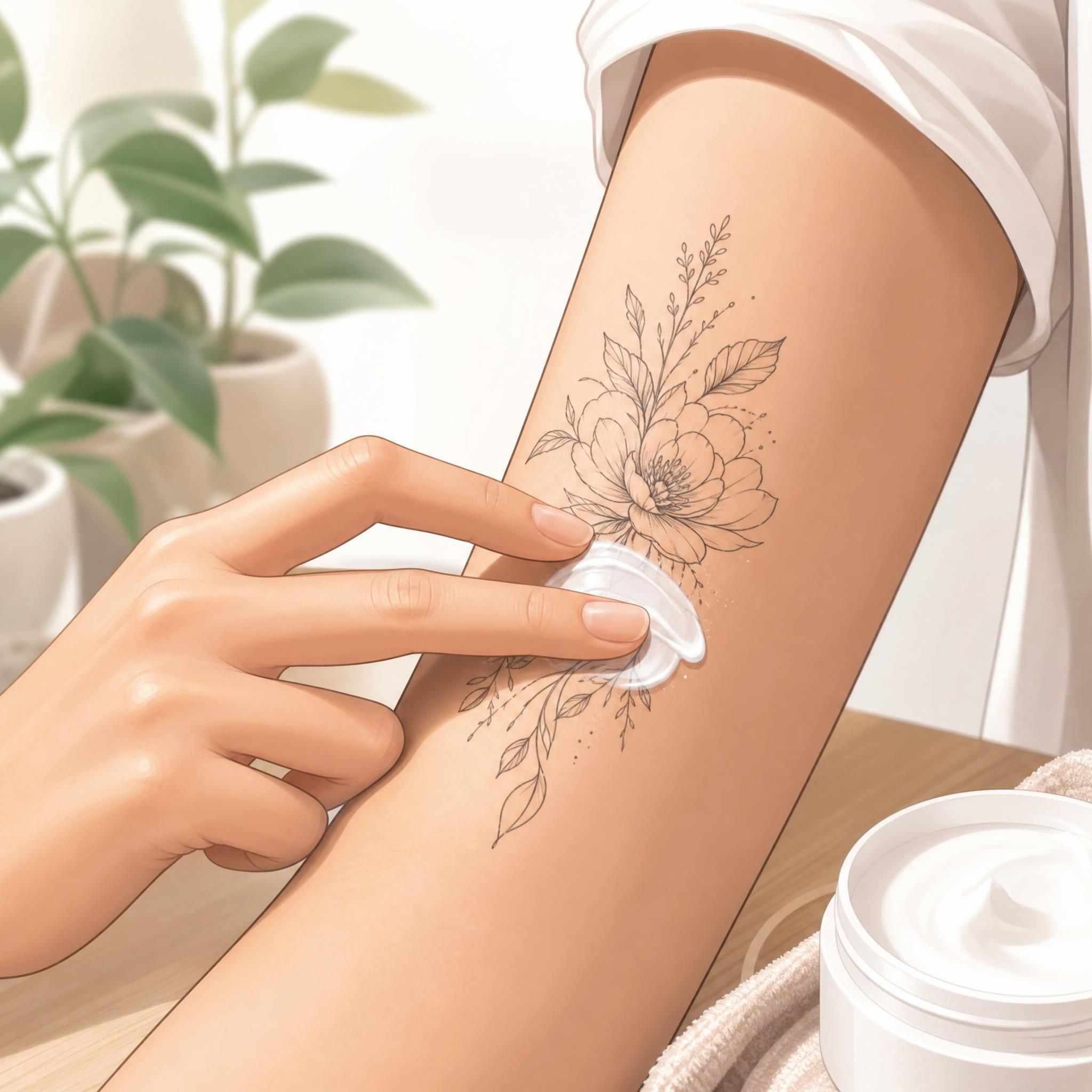 Illustration douce et illustrative d'une main appliquant délicatement une crème sur un tatouage récent, ambiance soins et bienveillance, sans texte