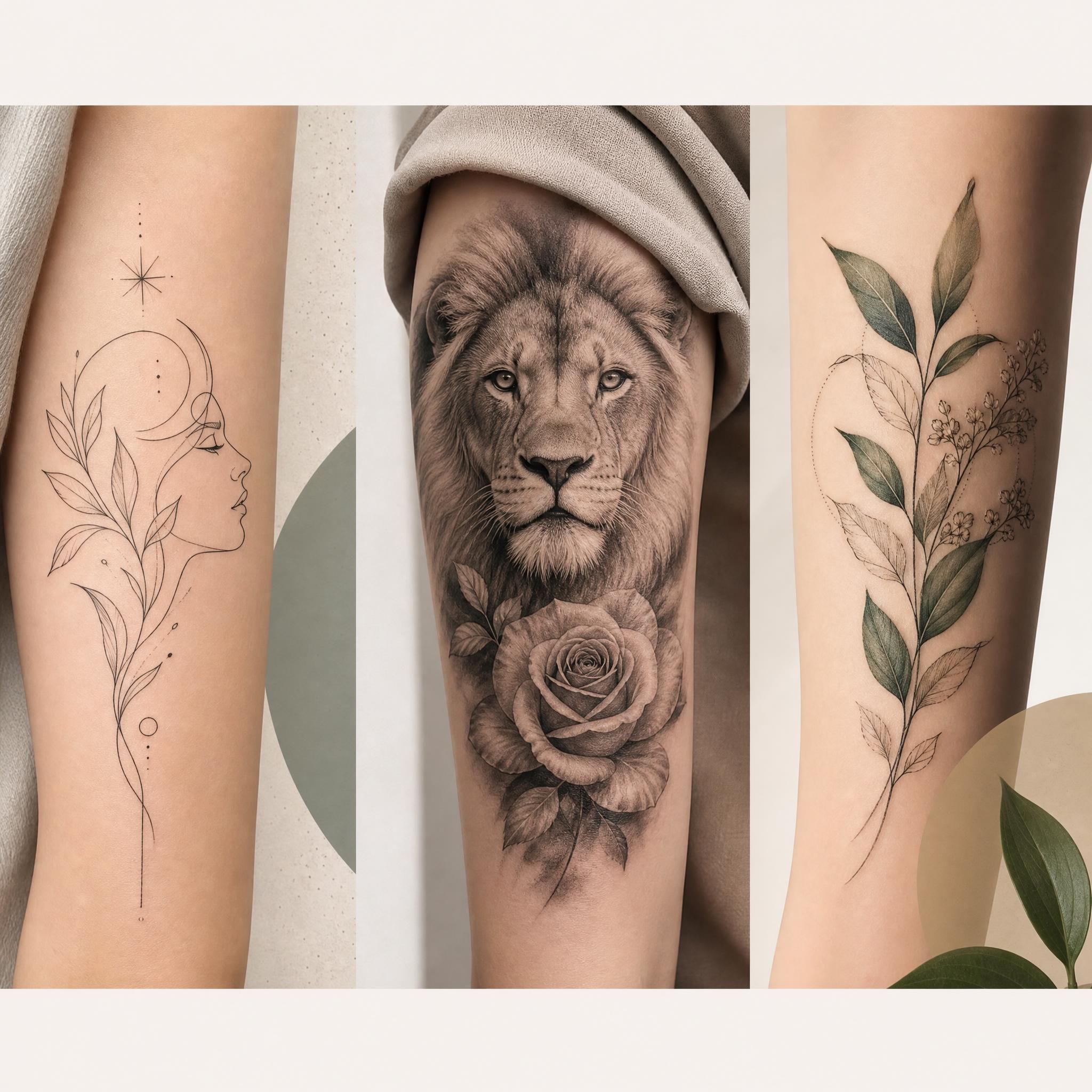Illustration illustrative montrant plusieurs styles de tatouage côte à côte — fine line, micro-réalisme, botanique — sans texte, style graphique doux
