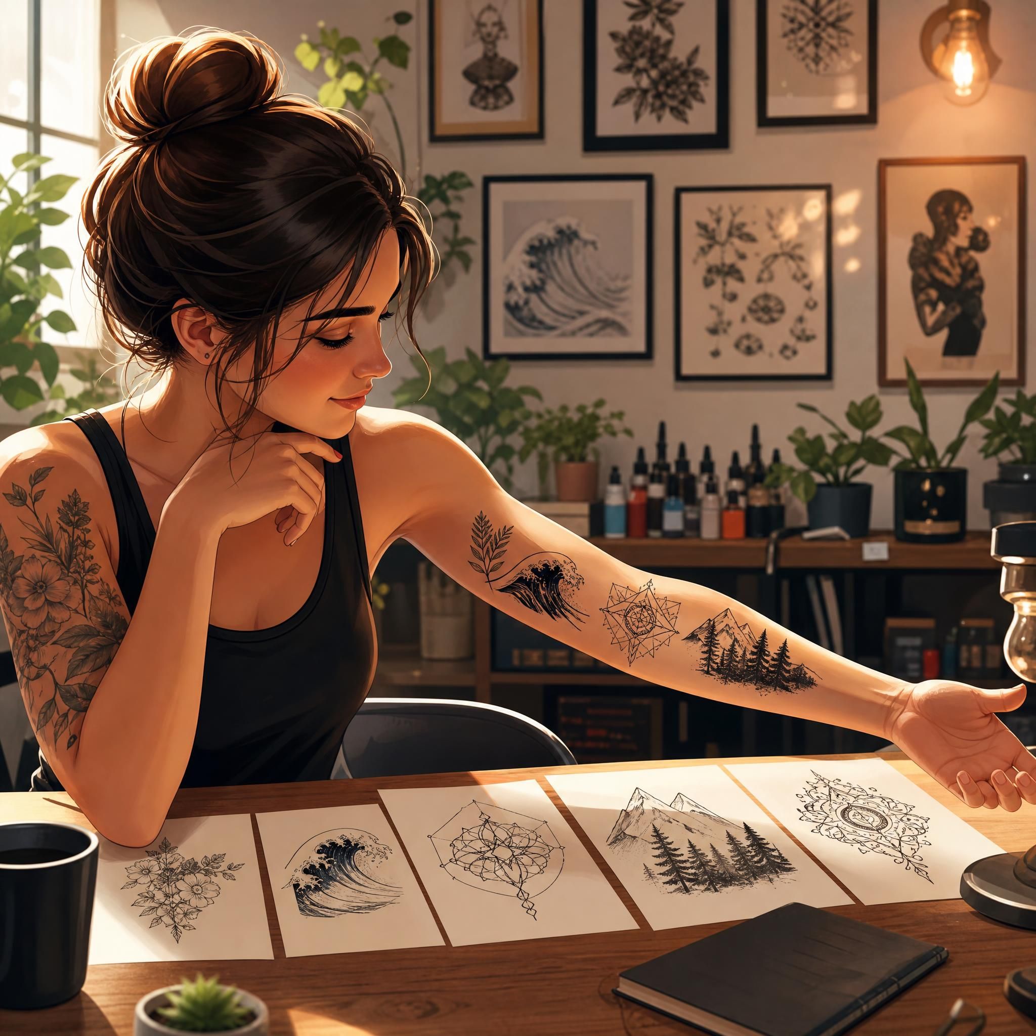 Illustration colorée et illustrative d'une personne contemplant différents styles de tatouage sur son bras, ambiance chaleureuse et inspirante, sans texte
