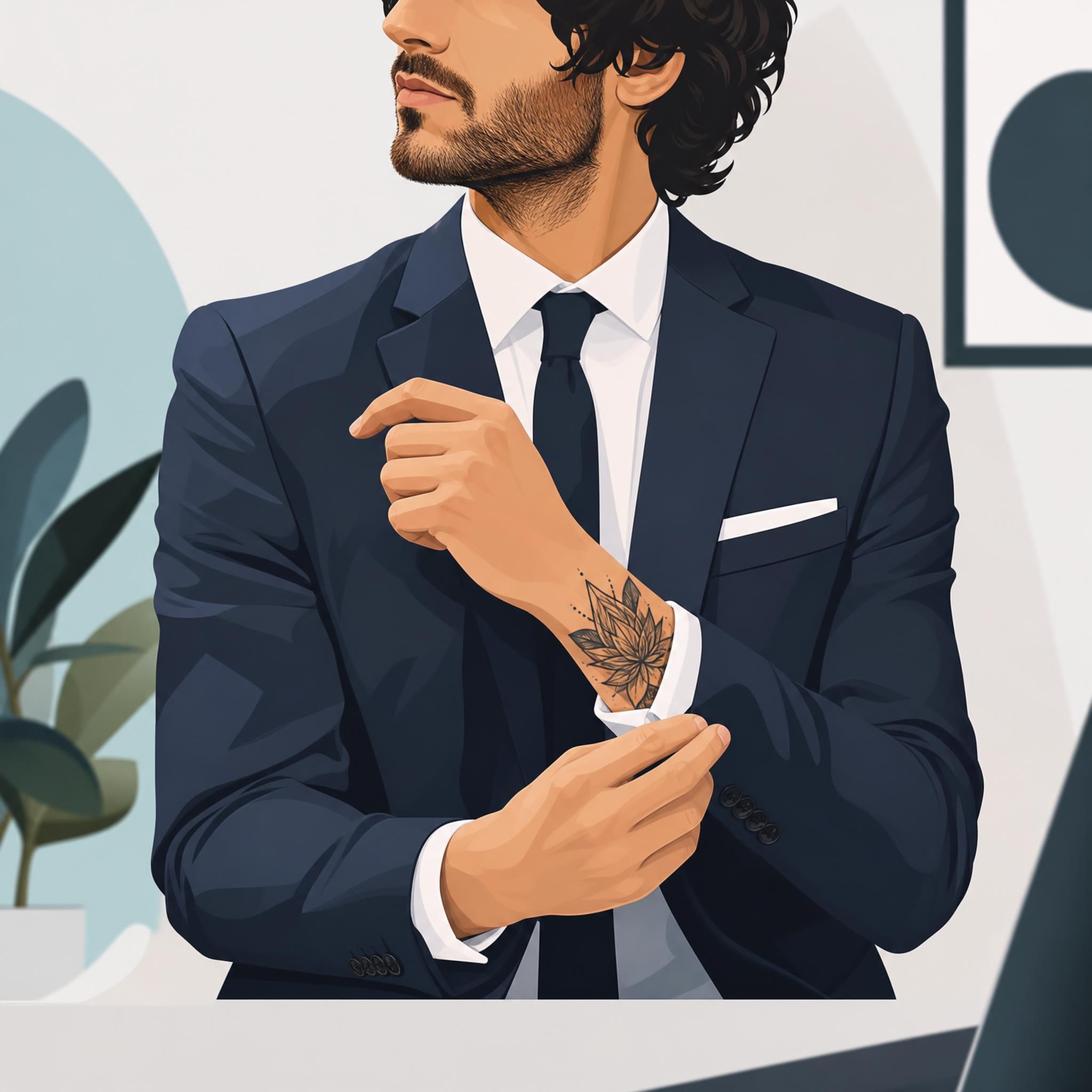 Illustration illustrative d'une personne en costume avec un tatouage visible sur le poignet, style graphique moderne sans texte