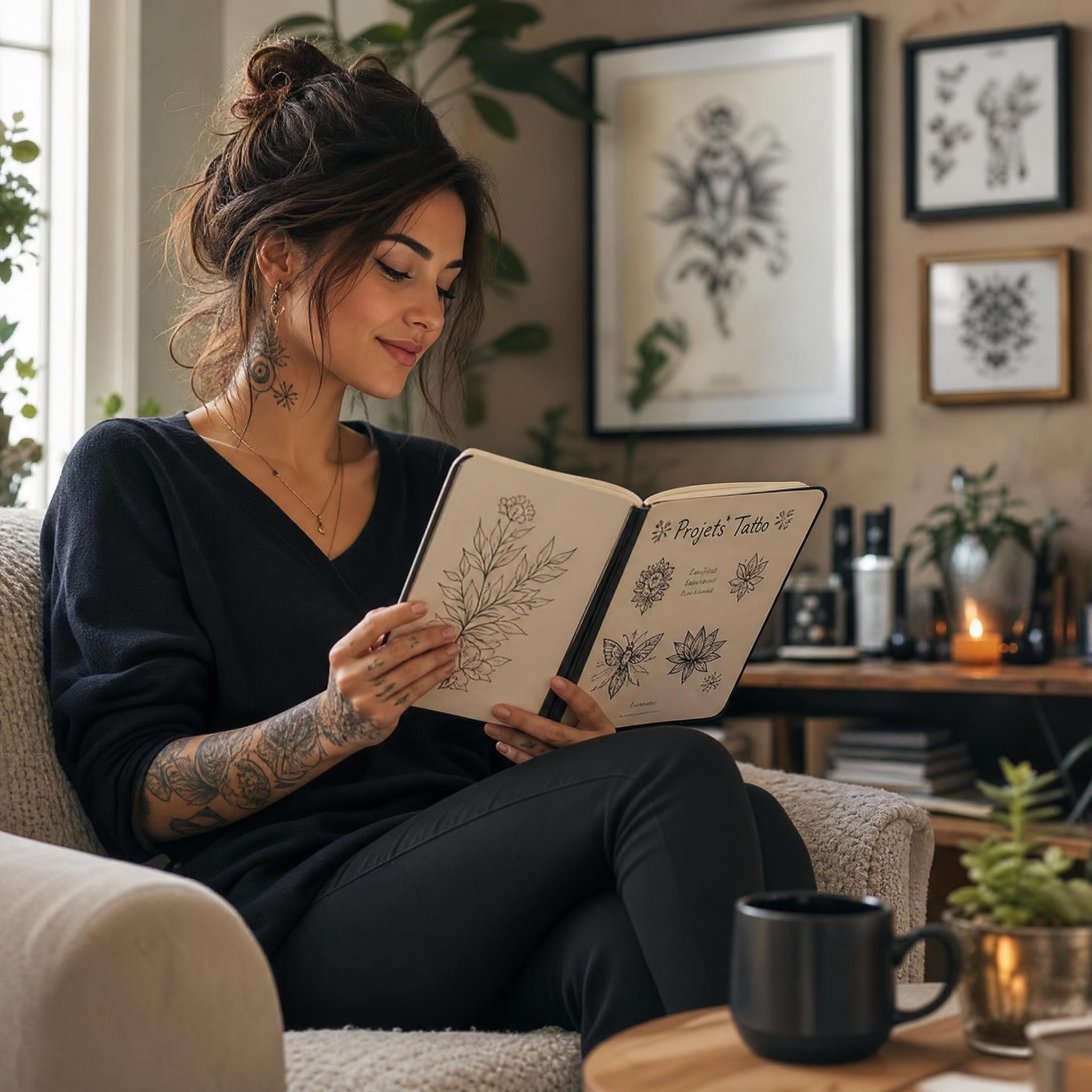 Illustration illustrative et bienveillante d'une femme sereine regardant un carnet de projets de tatouage, symbolisant l'attente et la planification