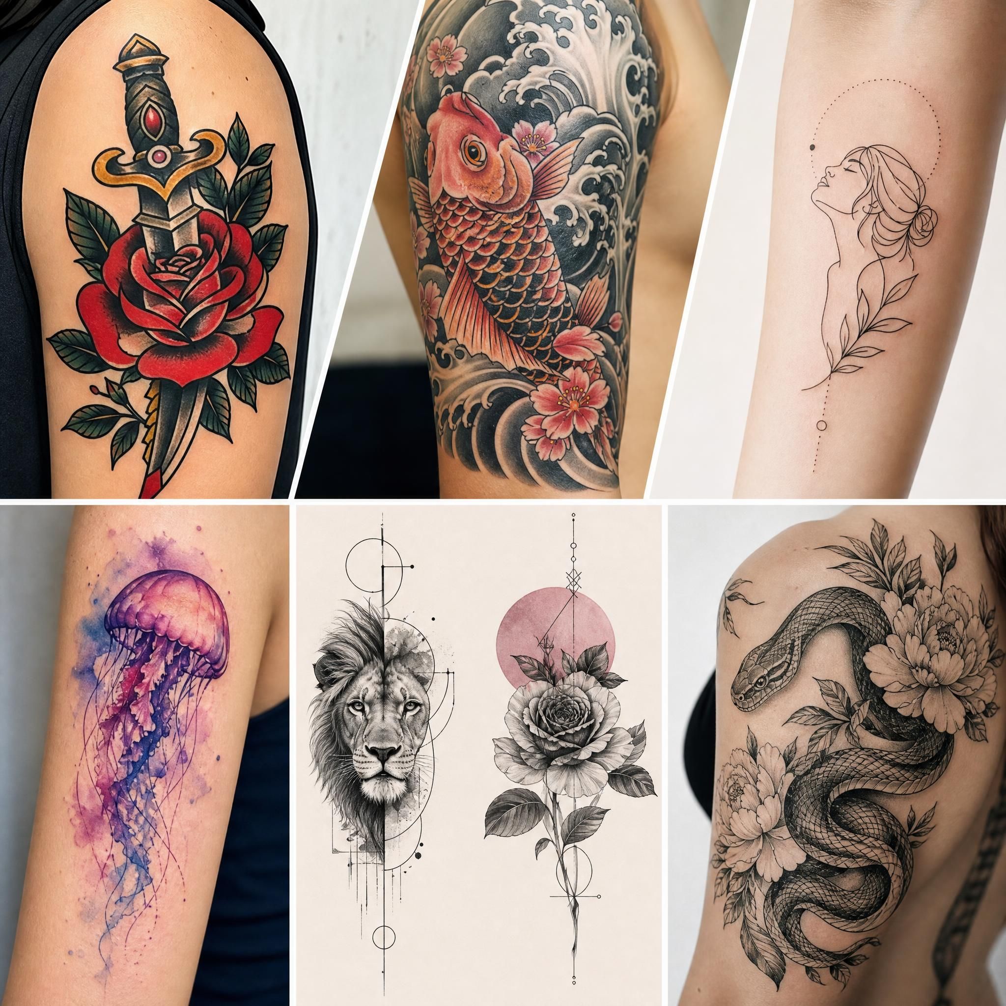 Illustration illustrative montrant une mosaïque de différents styles de tatouage — old school, japonais, minimaliste, aquarelle — disposés comme un tableau artistique, sans texte