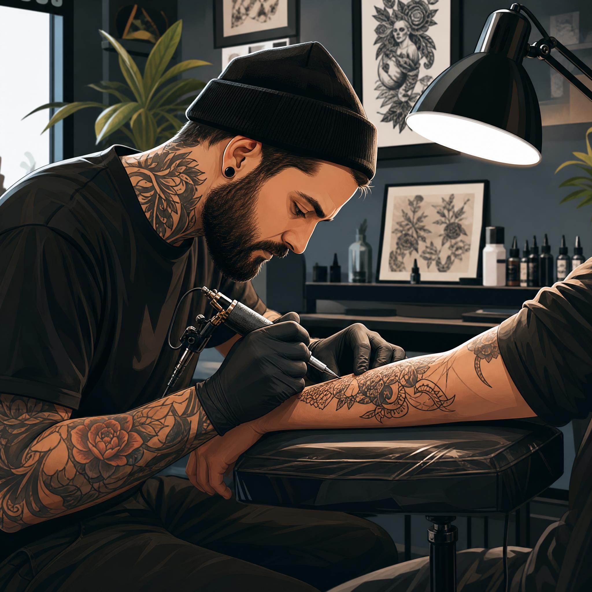 Illustration artistique d'un tatoueur professionnel au travail dans un studio moderne, style illustratif sans texte