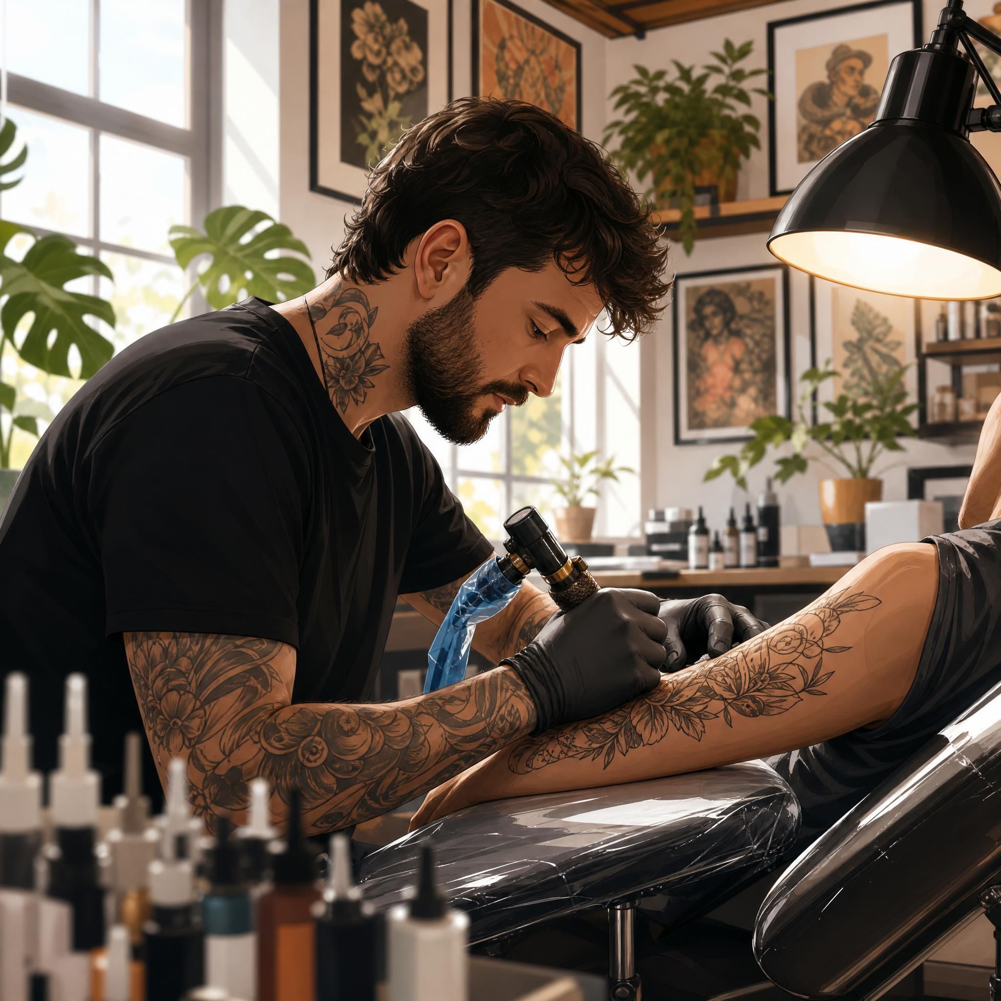 Illustration d'un tatoueur au travail dans un studio moderne et lumineux, style illustratif chaleureux, sans texte