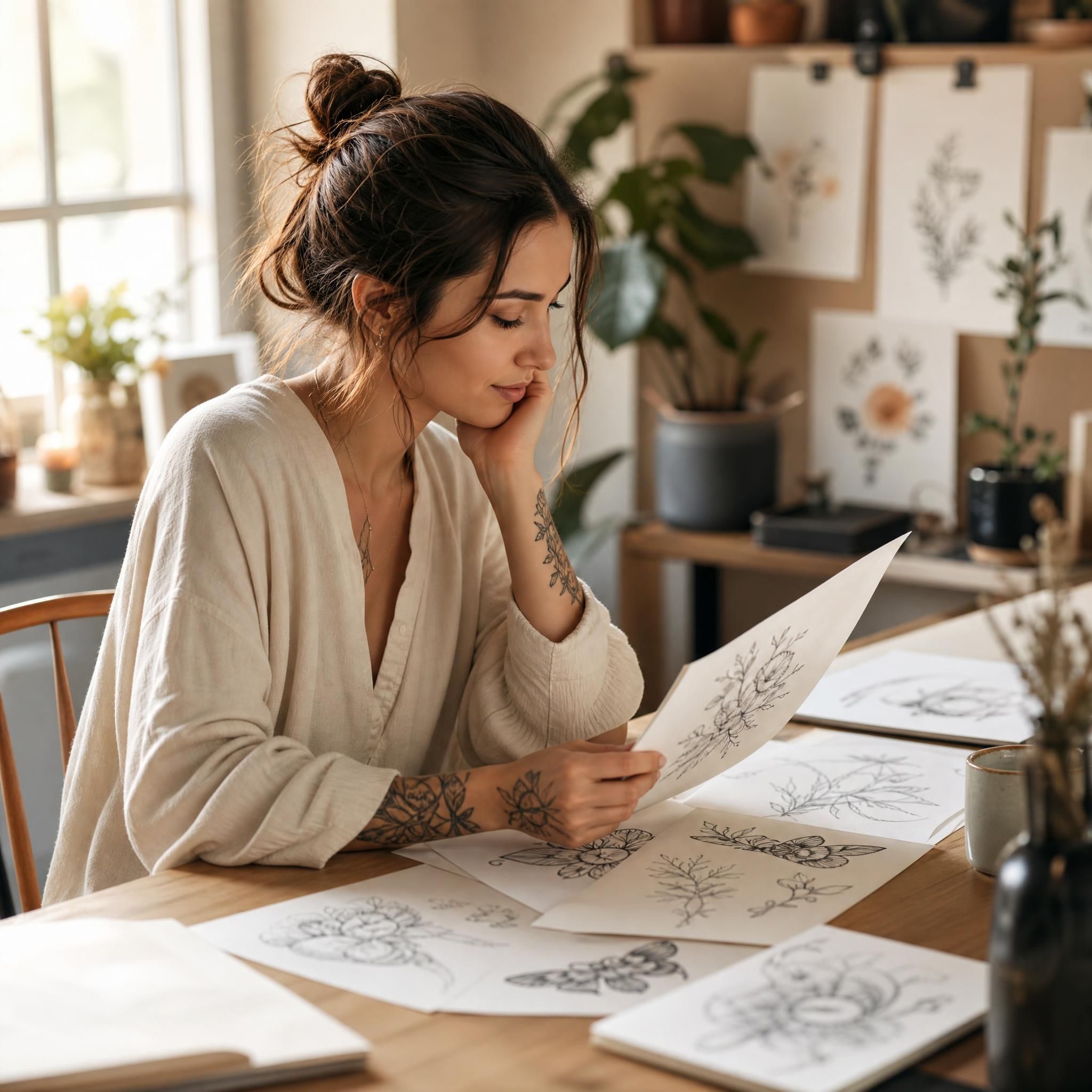 Illustration douce et bienveillante d'une femme regardant des esquisses de tatouage, ambiance apaisante et inspirante, sans texte