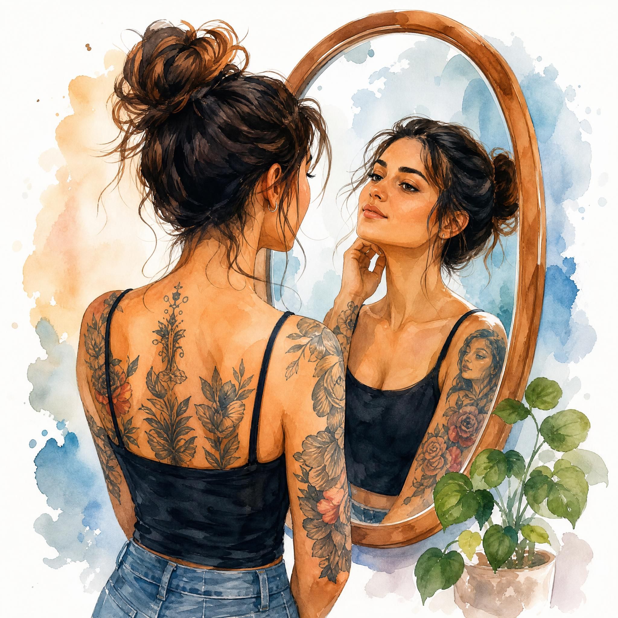 Illustration illustrative d'une personne tatouée regardant son reflet dans un miroir, style aquarelle colorée sans texte