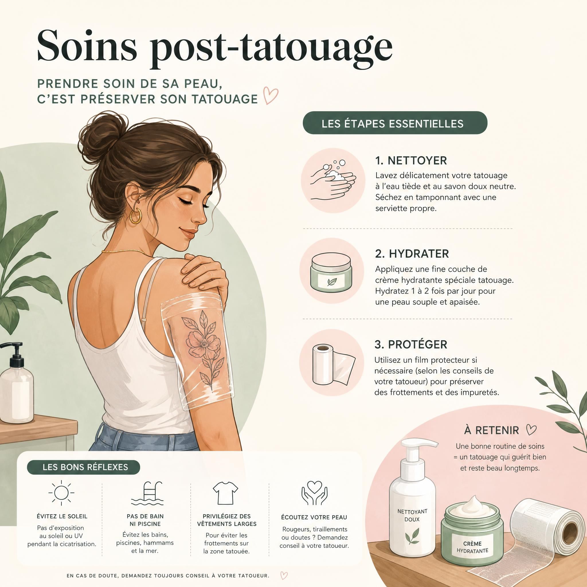 Illustration douce et rassurante montrant les soins post-tatouage, crème hydratante et film protecteur, style illustratif pastel