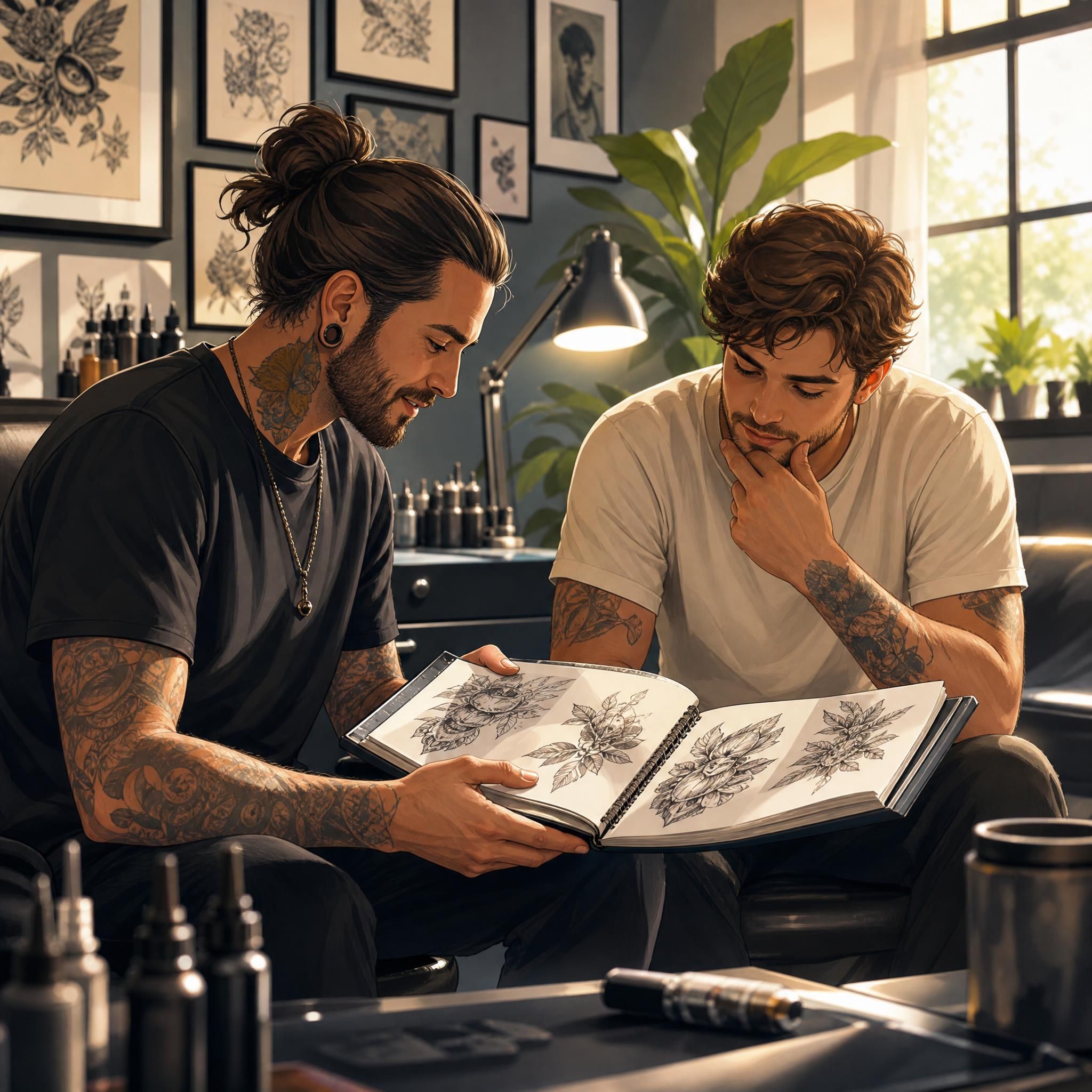 Illustration lumineuse et inspirante d'un tatoueur et son client en consultation, regardant ensemble un carnet de designs dans un studio propre et chaleureux, style illustratif sans texte