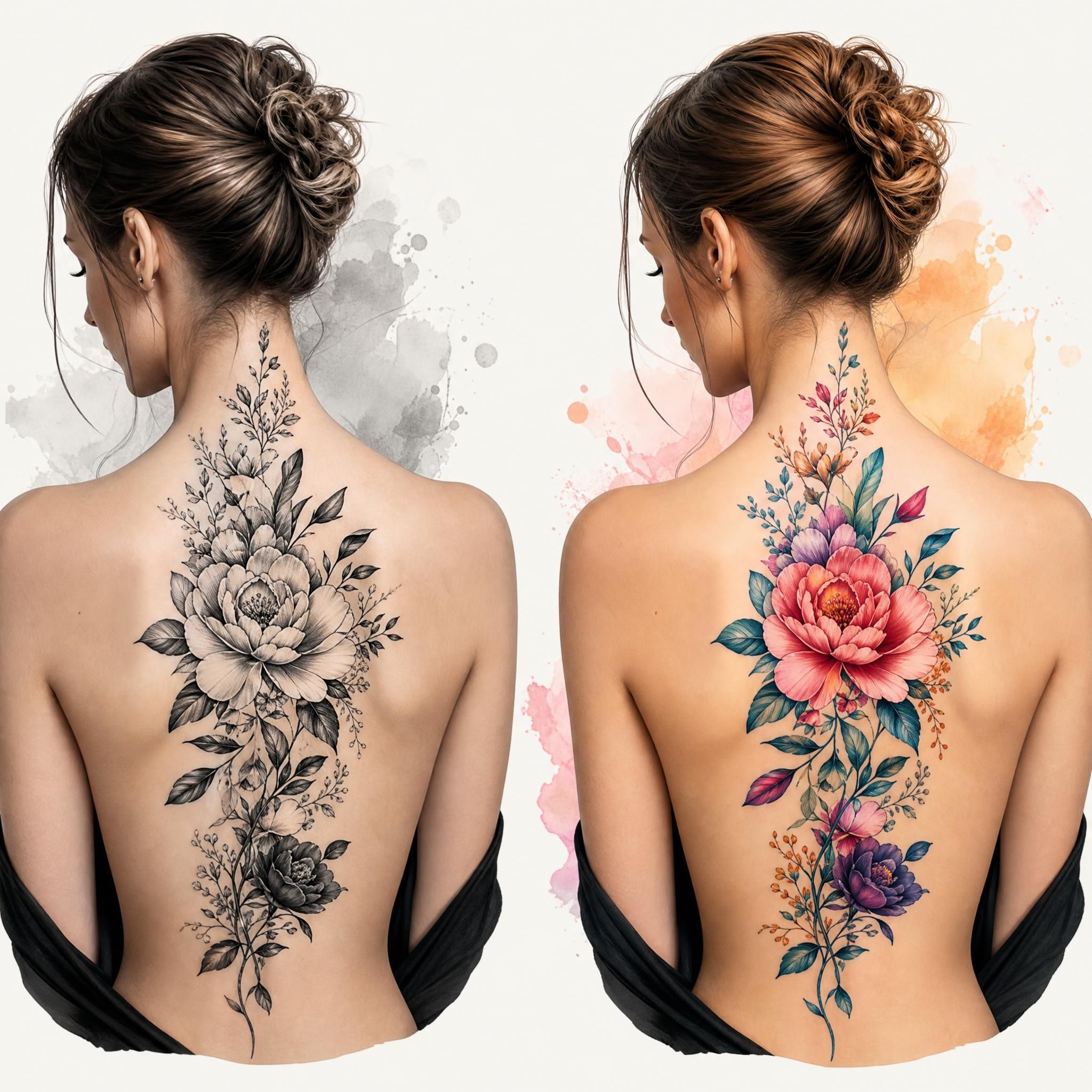 Illustration montrant côte à côte un tatouage floral en noir et gris et un tatouage floral en couleurs vives, style illustratif artistique, sans texte