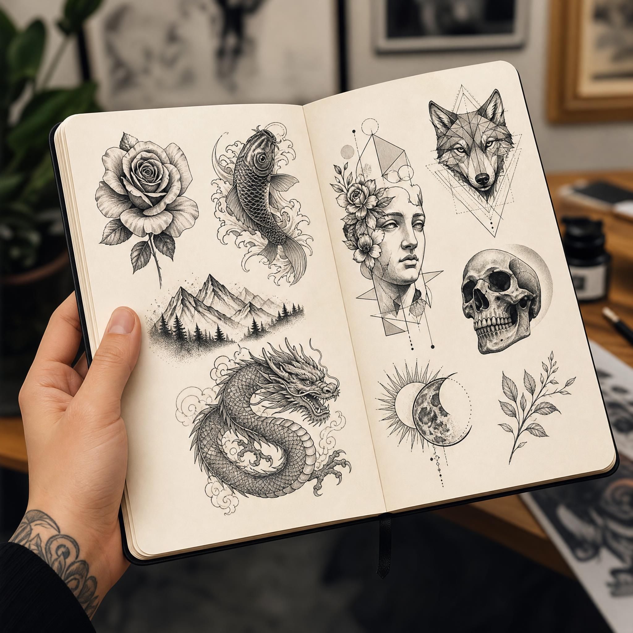 Illustration d'une main tenant un carnet de croquis ouvert avec des designs de tatouages variés dans différents styles artistiques, style illustratif sans texte