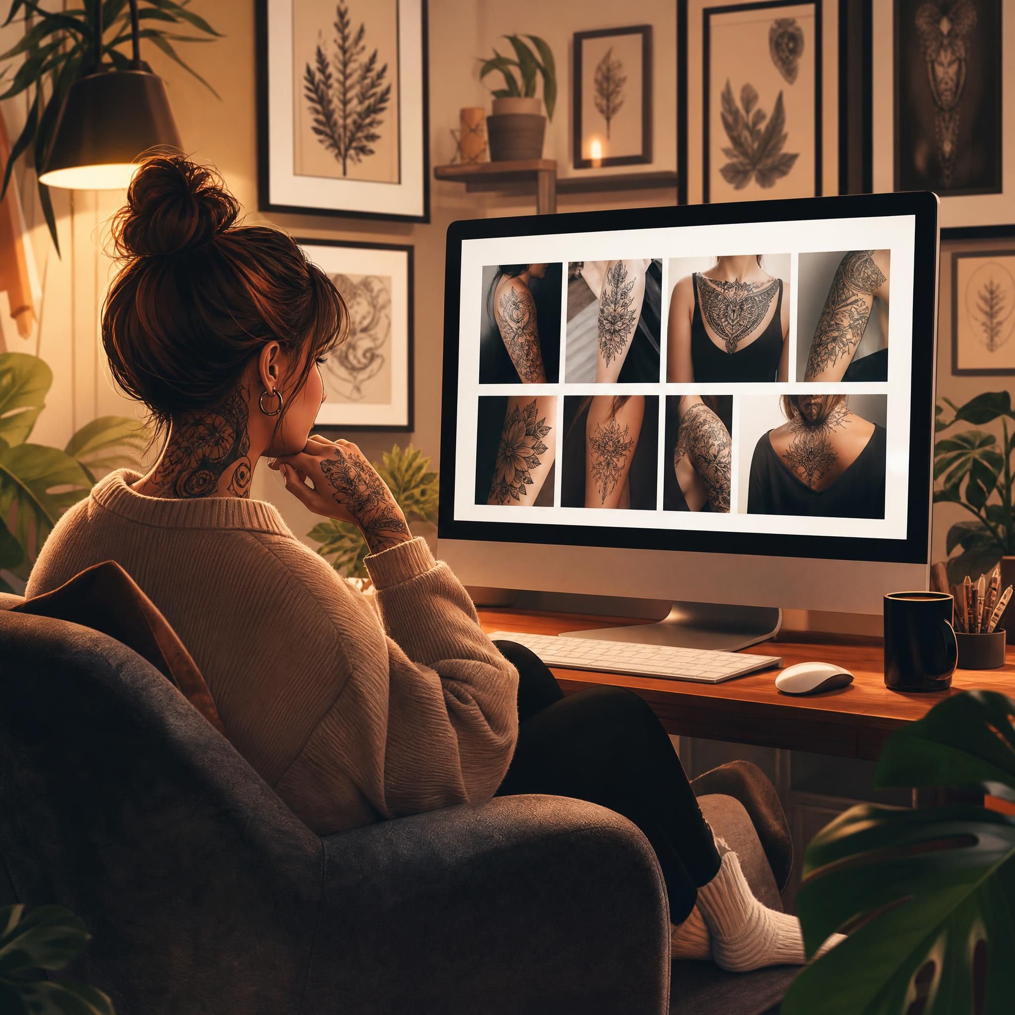 Illustration d'une personne assise confortablement, regardant des portfolios de tatoueurs sur un écran, ambiance chaleureuse et inspirante, style illustratif, sans texte