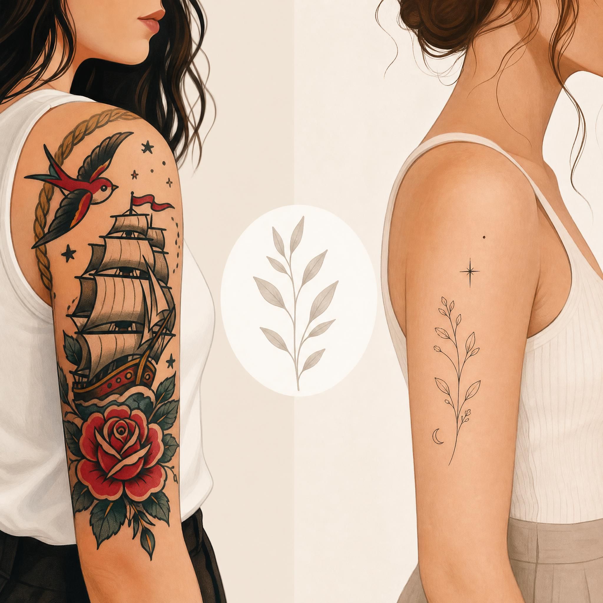 Illustration représentant une comparaison visuelle entre tatouage old school et tatouage minimaliste, style illustratif doux, sans texte