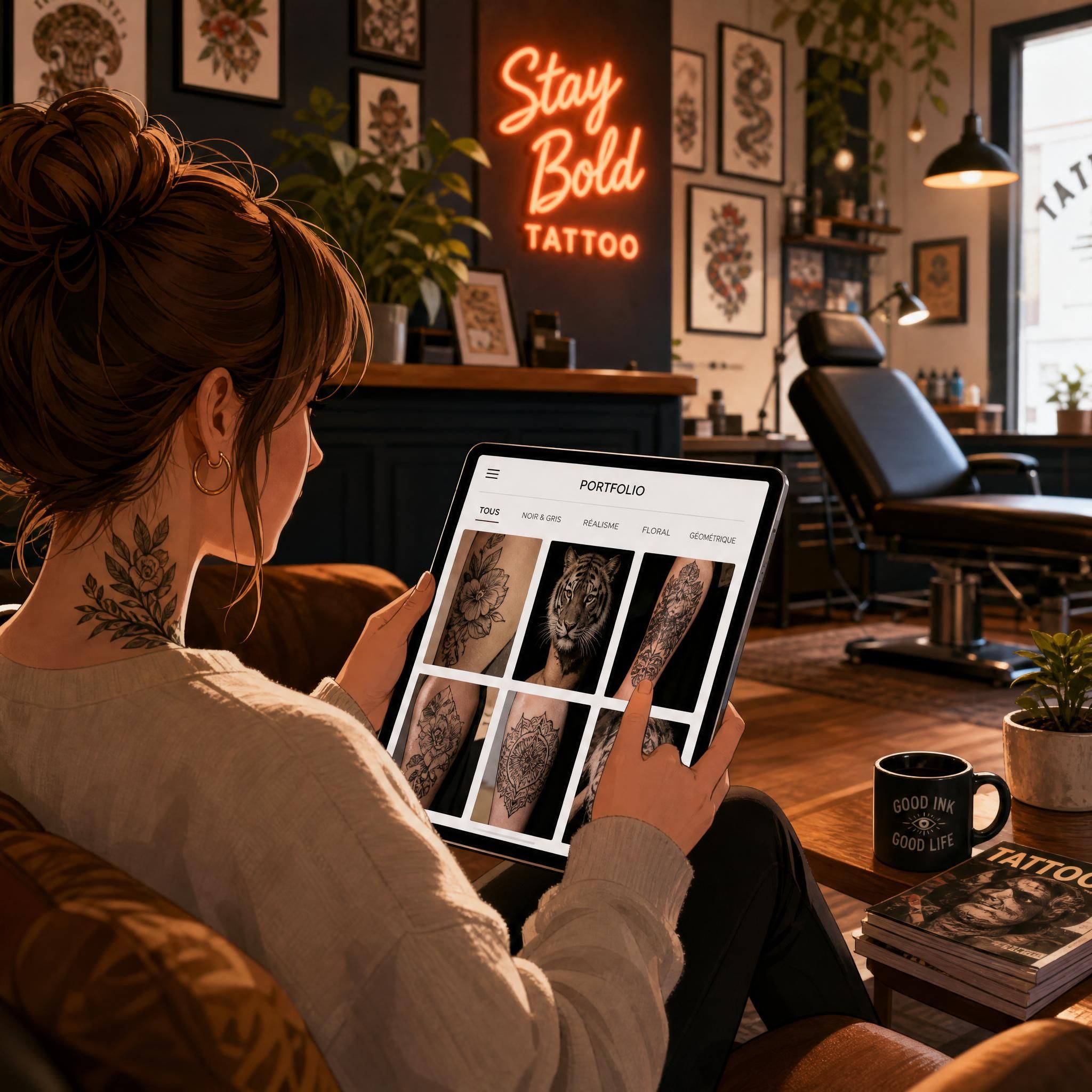 Illustration chaleureuse d'une personne consultant un portfolio de tatoueur sur une tablette dans un salon de tatouage accueillant, style illustratif