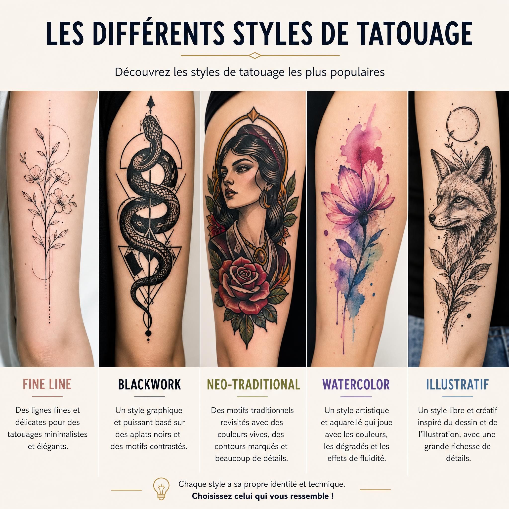Illustration colorée présentant différents styles de tatouage côte à côte - fine line, blackwork, neo-traditional, watercolor, style illustratif