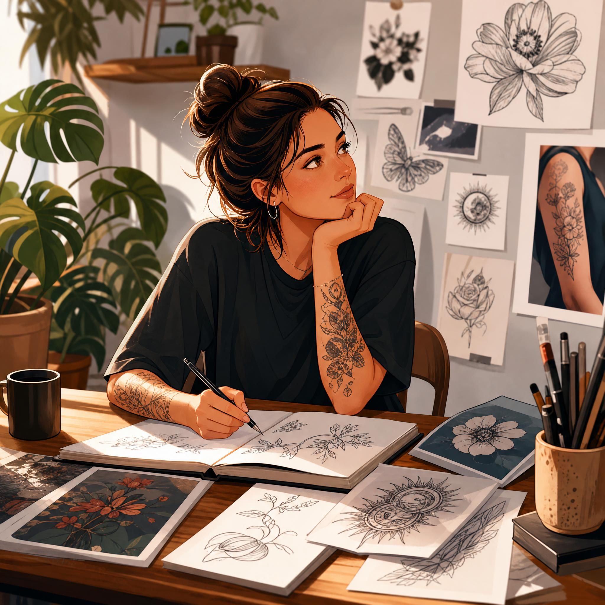 Illustration colorée et bienveillante d'une personne réfléchissant à son futur tatouage, entourée de carnets de croquis et de références artistiques, style illustratif sans texte