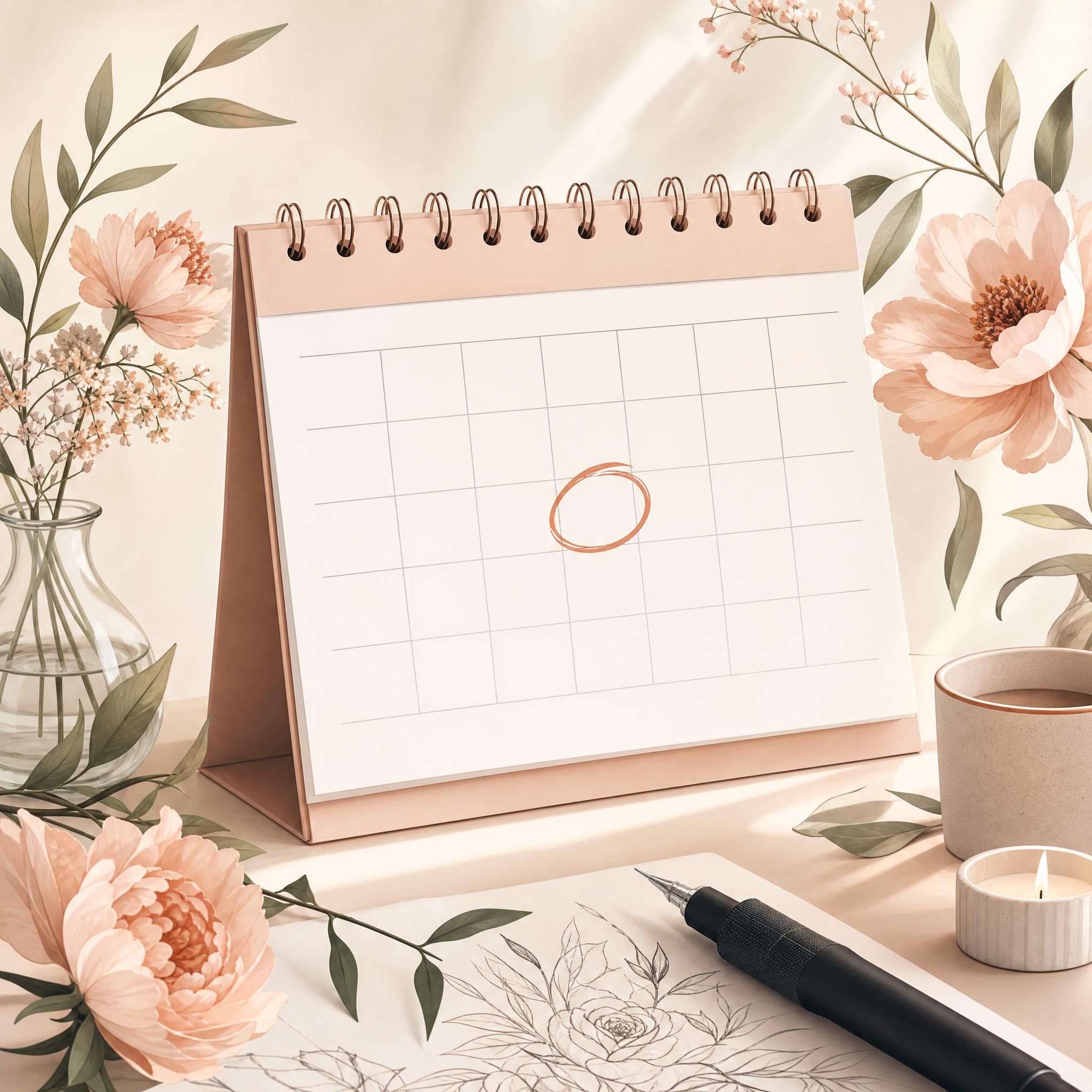 Illustration douce et apaisante d'un calendrier avec une date entourée et des fleurs, symbolisant l'attente et la patience avant un tatouage, style illustratif sans texte
