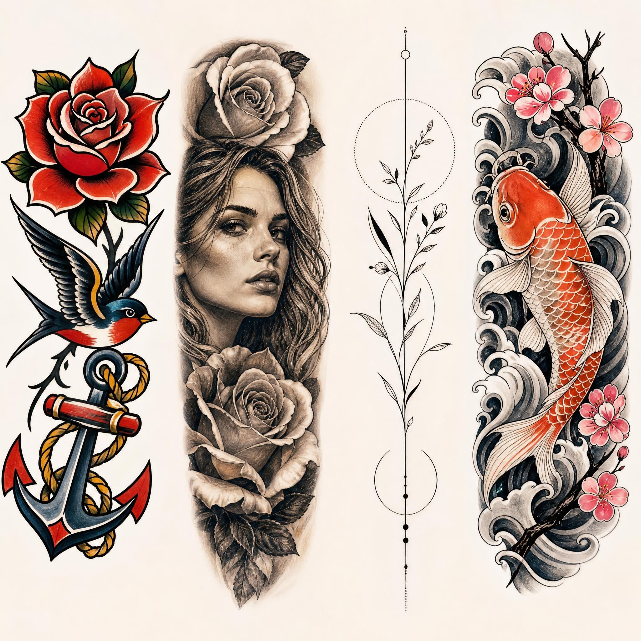 Illustration colorée montrant différents styles de tatouage côte à côte - old school, réaliste, minimaliste, japonais - sur fond neutre, style illustratif sans texte