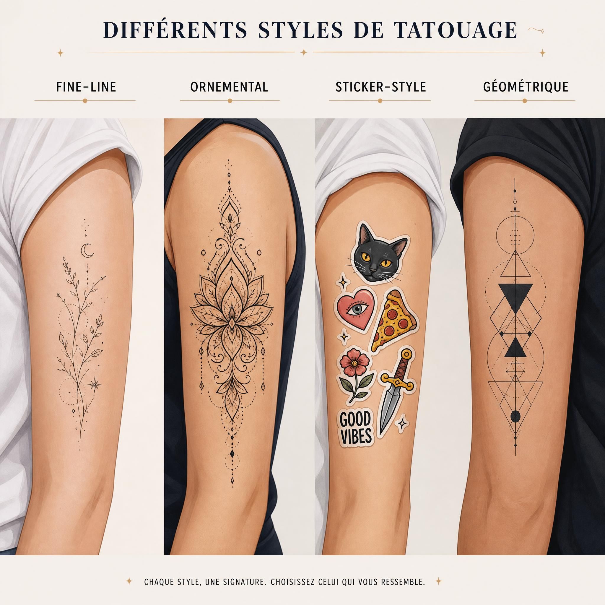 Illustration de différents styles de tatouage — fine-line, ornamental, sticker-style et géométrique — présentés côte à côte sur des bras, style illustratif